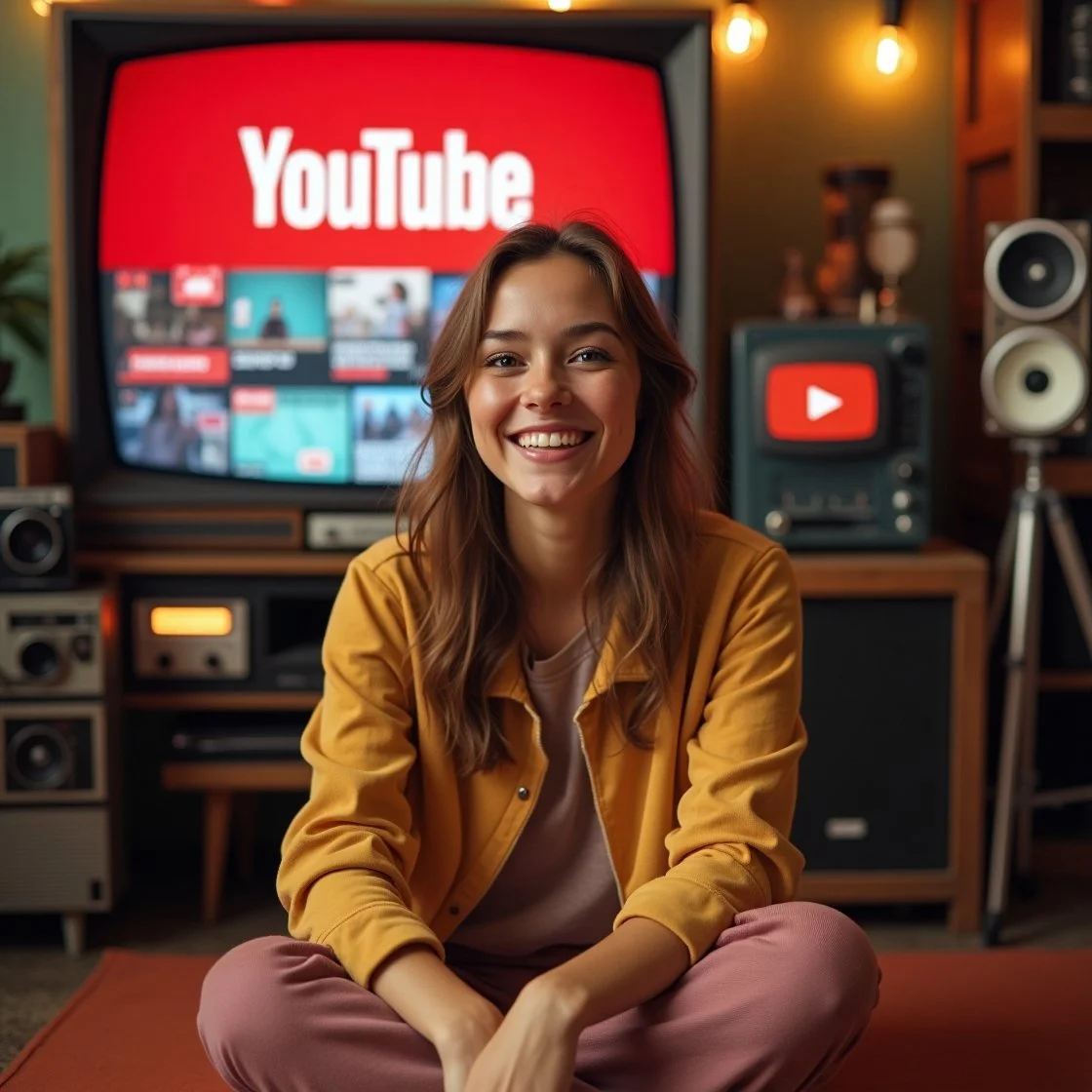 a young woman smiling and sitting cross legged in front of a large TV with the YouTube logo featured prominently