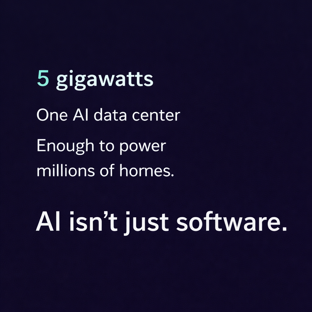 Minimal graphic with dark navy background and white text reading: “5 gigawatts. One AI data center. Enough to power millions of homes. AI isn’t just software.”