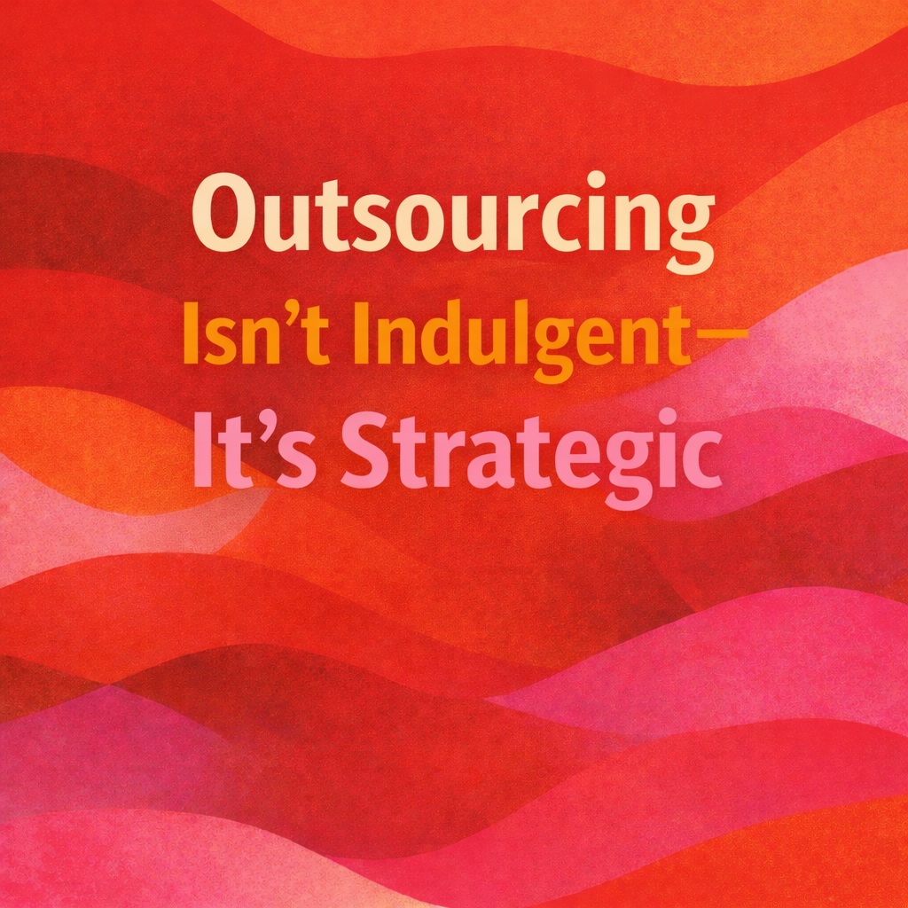 Bold text reading “Outsourcing Isn’t Indulgent—It’s Strategic” appears over layered abstract waves in red, orange, and pink. The warm color palette and strong typography emphasize intentional decision-making, capacity, and sustainable leadership.