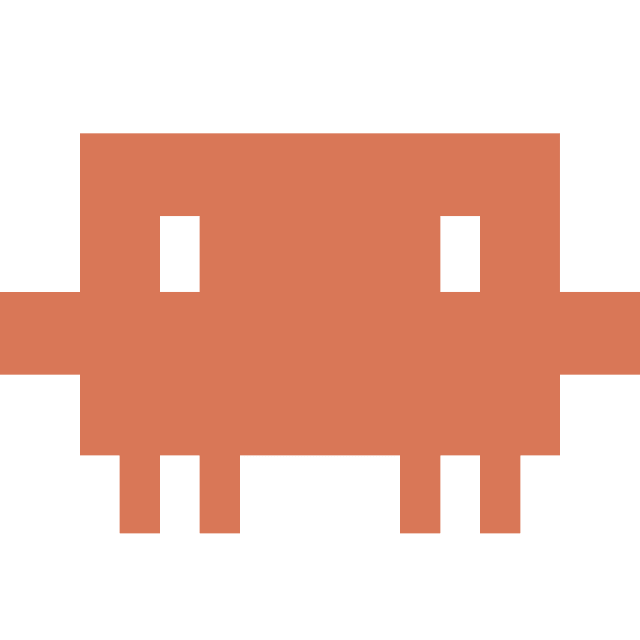 A simple, pixel-style logo featuring a symmetrical, abstract orange shape resembling a crab or space-invader icon, centered on a muted teal background.