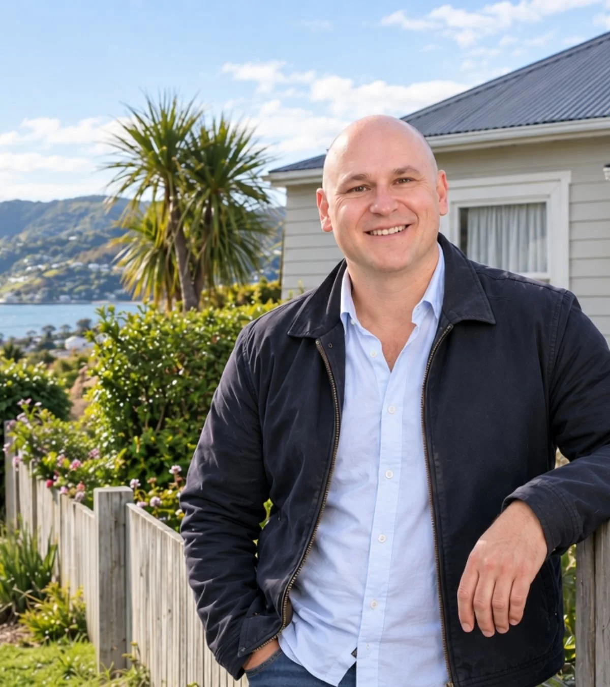 Blair Thompson, Porirua real estate agent, at a weatherboard home with Porirua Harbour behind