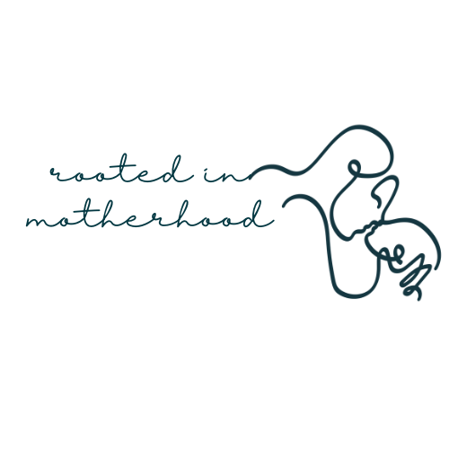 A line drawing of a mother breastfeeding a baby with the phrase "rooted in motherhood"
