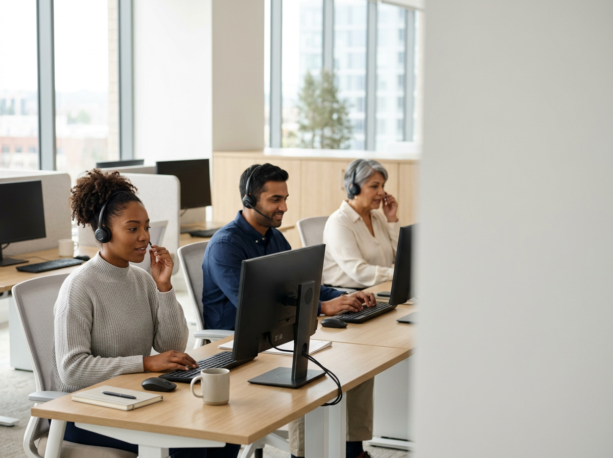 Three customer service representatives wearing headsets at their desks working on computers in an office.