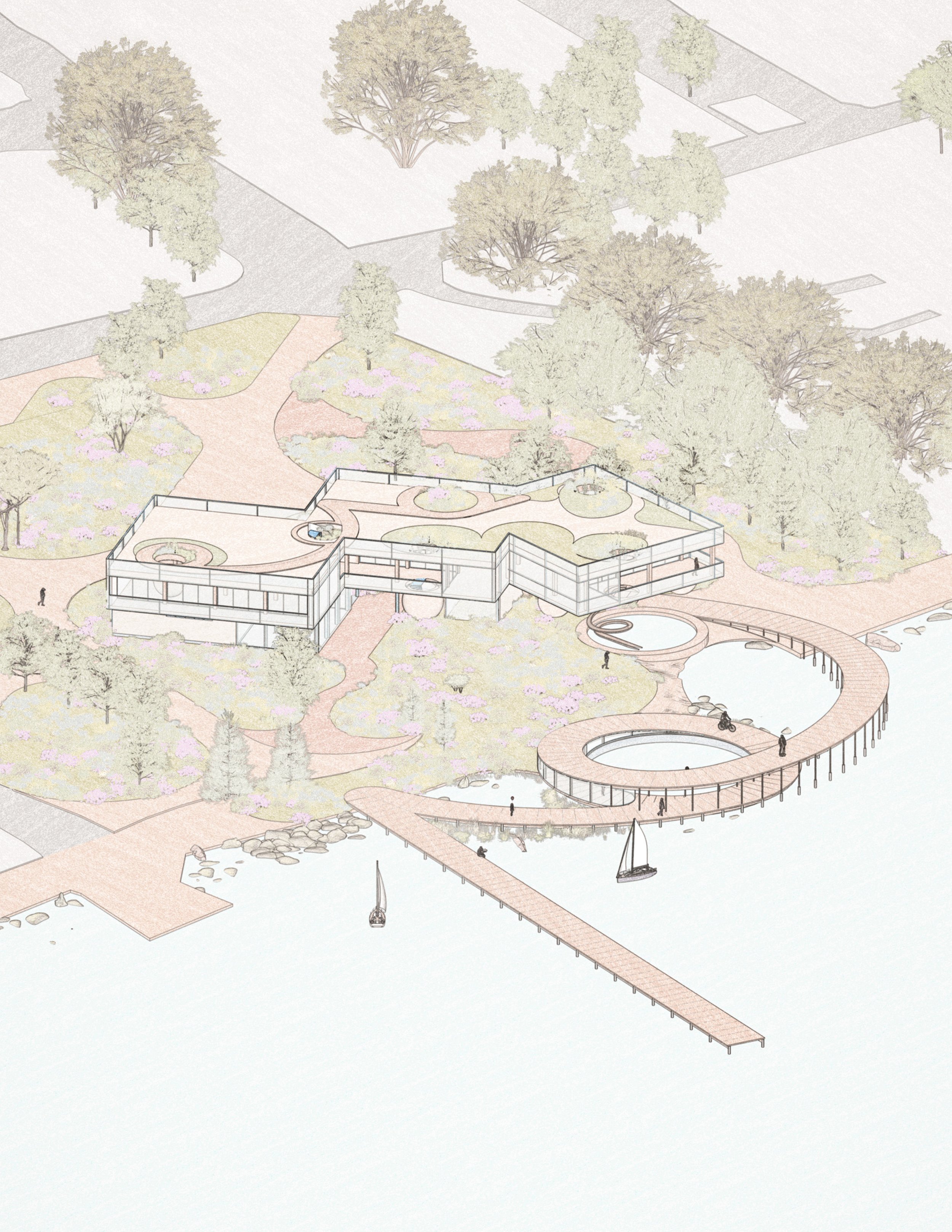Architectural rendering of a modern building surrounded by landscaped gardens, trees, and pathways near a body of water with docks and sailboats.