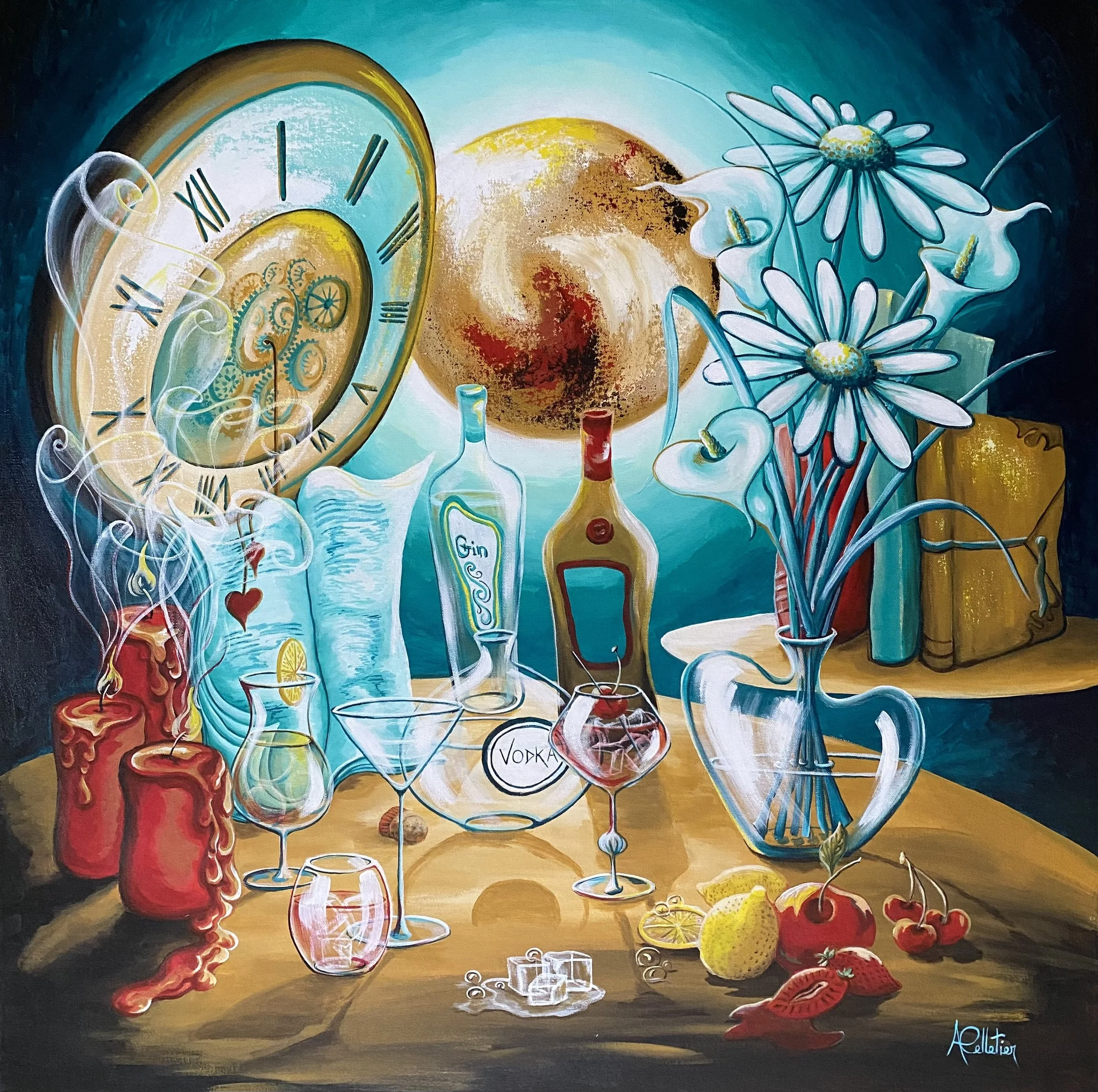 Tableau coloré avec des bouteilles d'alcool, des fleurs de marguerite dans un vase en verre, des fruits tels que cerises, pommes, poires, morceaux de citron, bougies rouges, un verre à cocktail, un sablier, des livres et une horloge murale stylisée en arrière-plan.