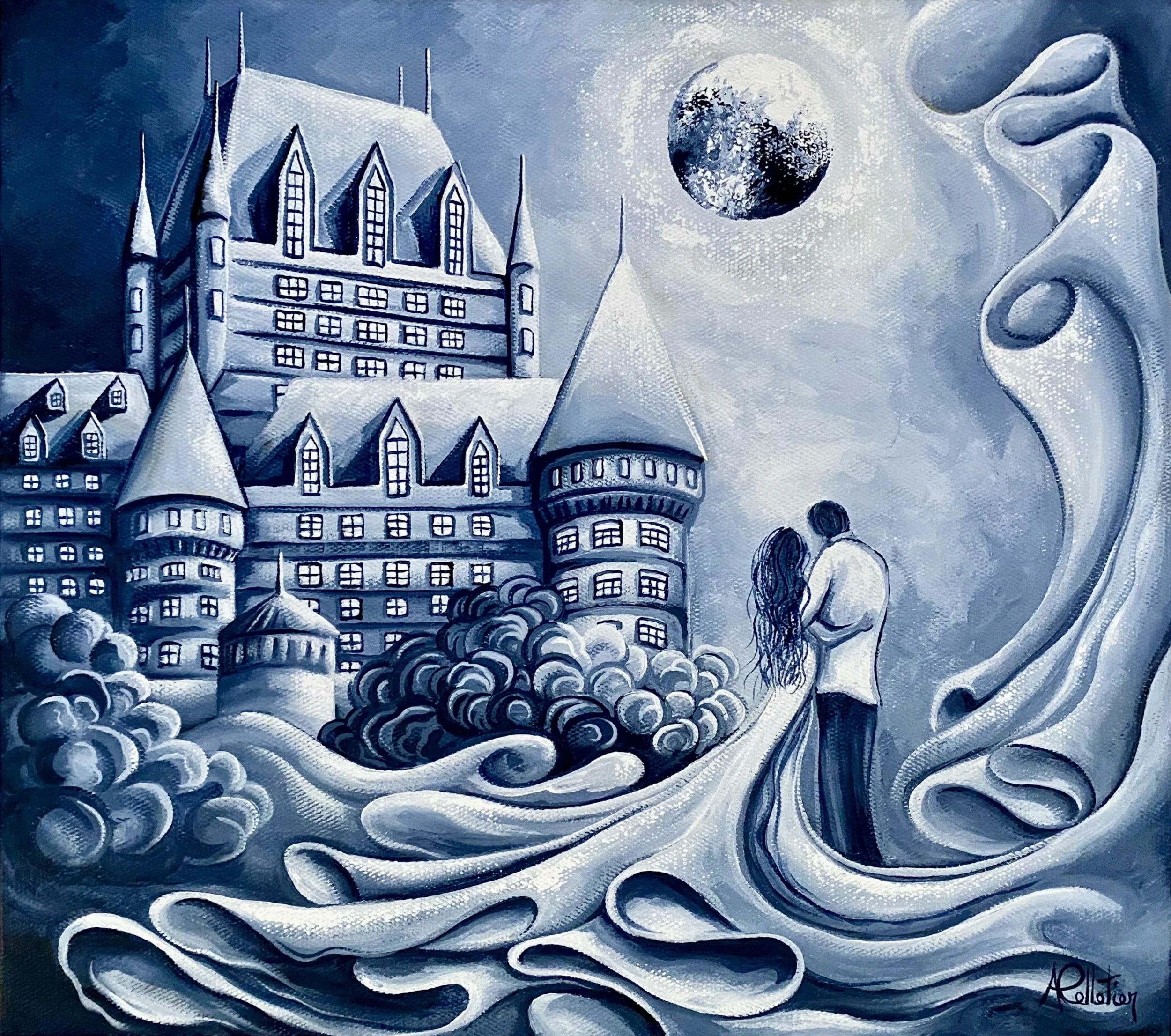 Une peinture en tons de bleu représentant un château féerique, une lune brillante, et un couple de mariés qui s'embrassent. Des nuages et des volutes ornent la scène enchantée.