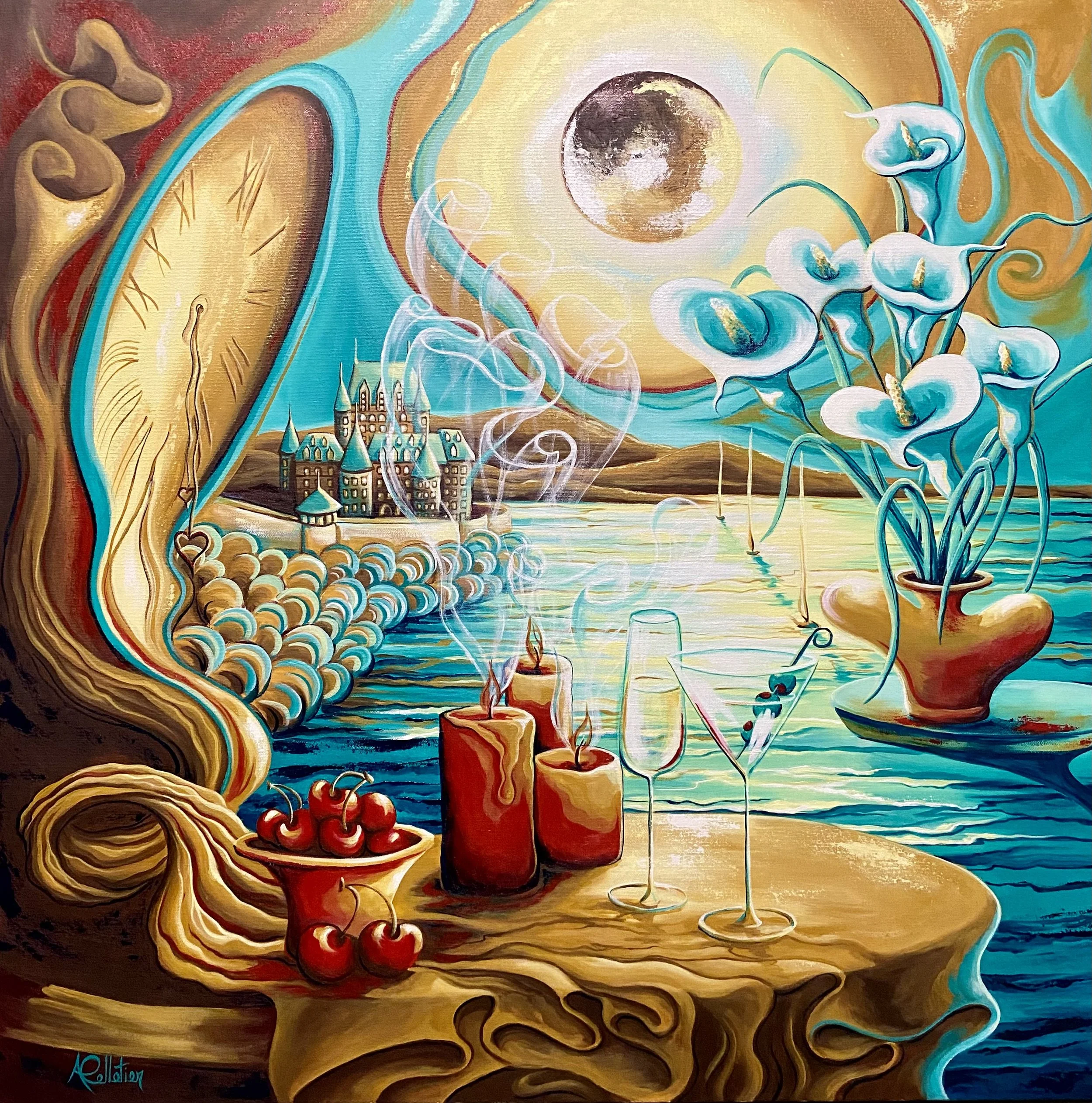 Peinture surréaliste représentant une scène fantastique avec des chandelles, des cerises, un vase avec des callas, un château au loin, une mer, un grand soleil ou lune, et un grand visage stylisé intégré dans le ciel.