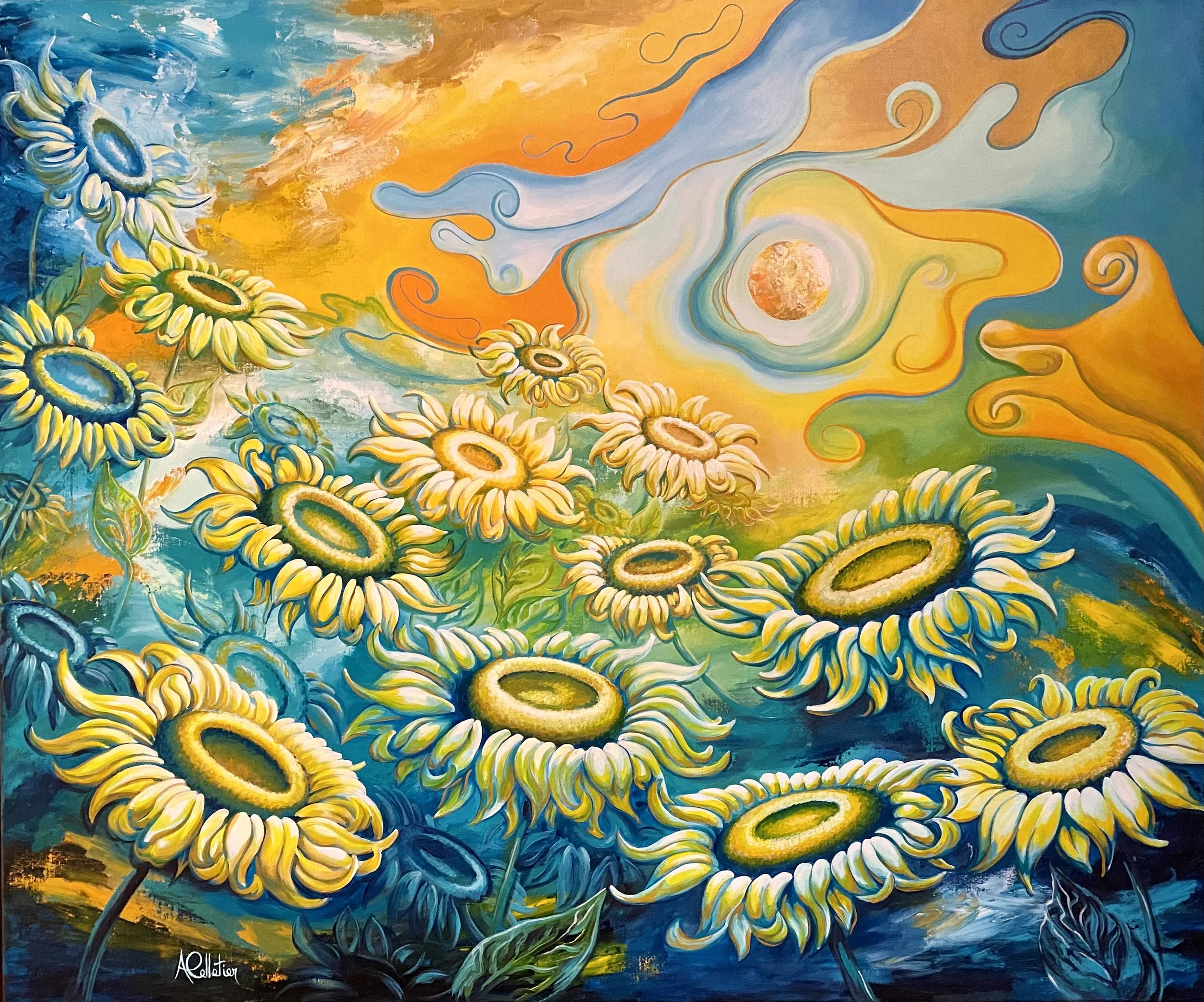 Peinture colorée de tournesols jaunes et verts sous un ciel orageux avec un soleil au centre, mélangé avec des formes de nuages et un fond vibrant dans des tons d'orange, de bleu et de vert.