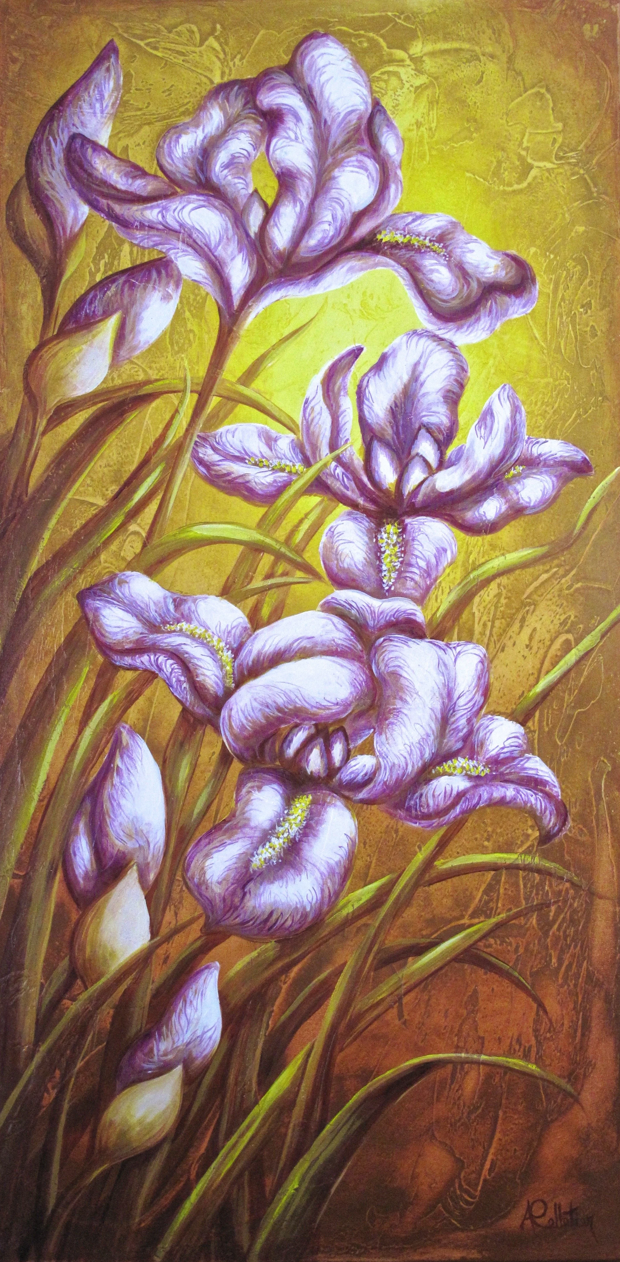 Peinture de fleurs iris violet avec des feuilles vertes sur fond doré