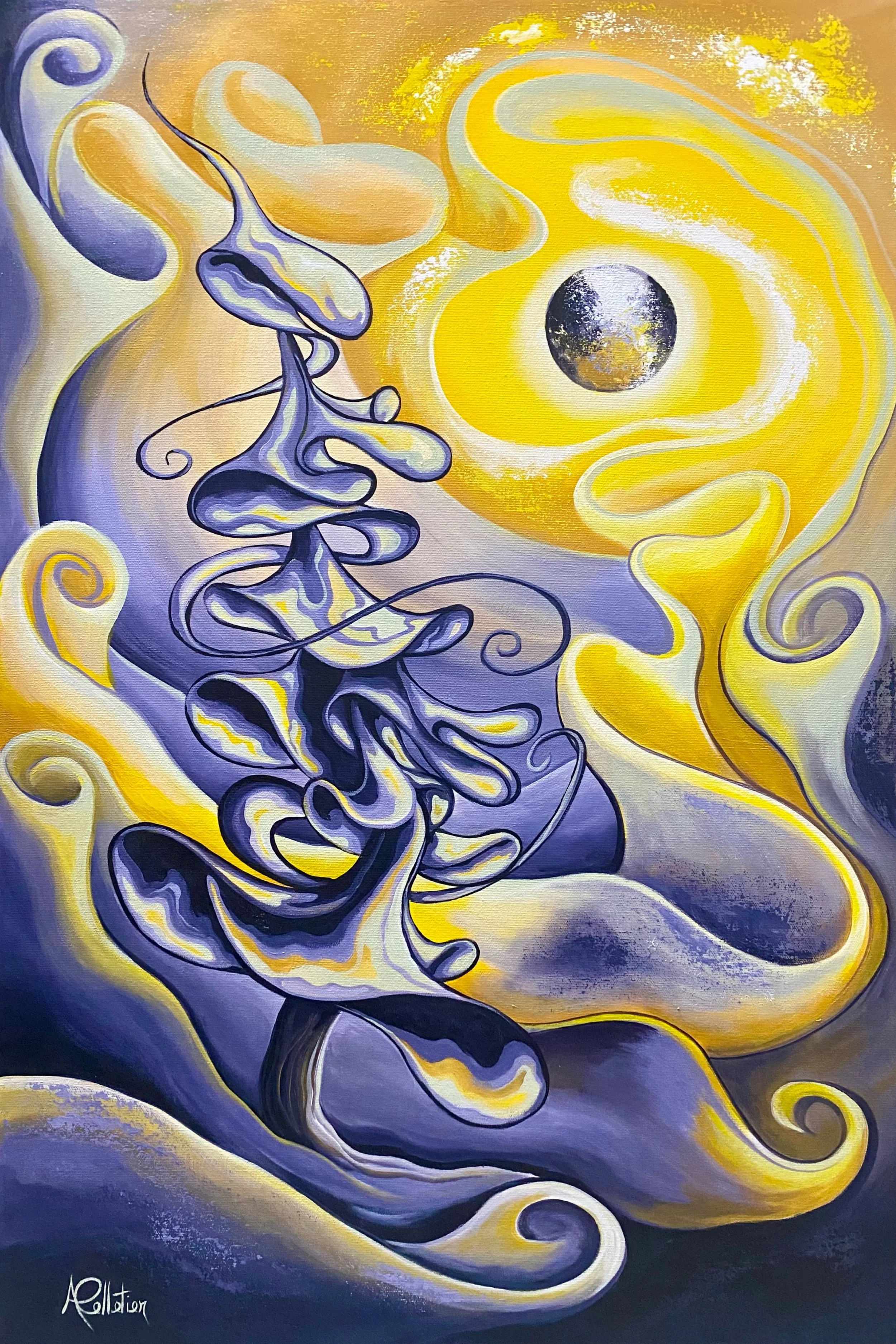 Peinture abstraite avec des formes fluides en tons jaunes, violets et gris, représentant une silhouette humaine stylisée sous un ciel avec un soleil ou une lune et des nuages tourbillonnants.