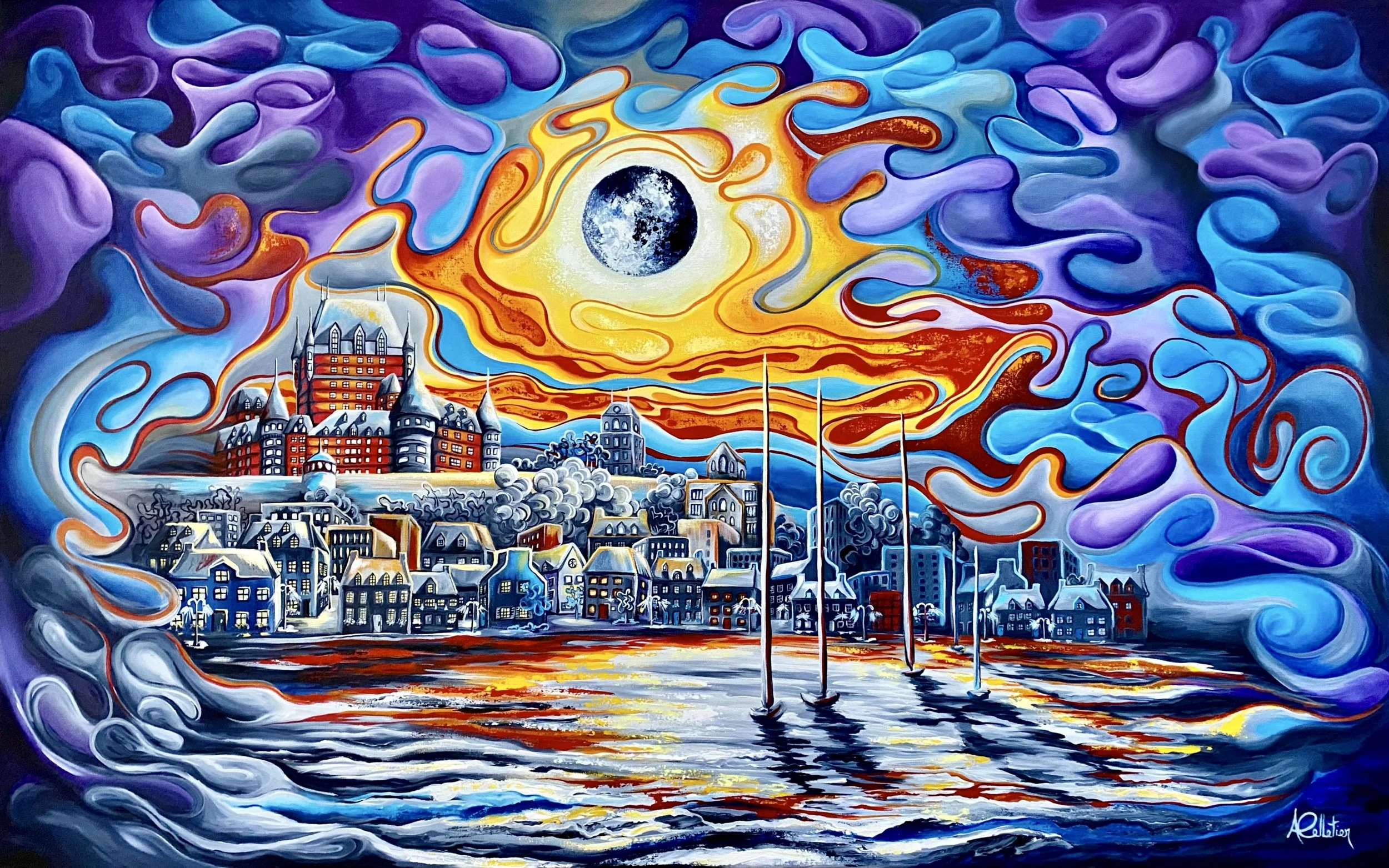 Peinture colorée d'une ville nocturne avec un château, un lac et le ciel illuminé par une grande lune, dans un style impressionniste avec des vagues et des nuages en couleurs vives.