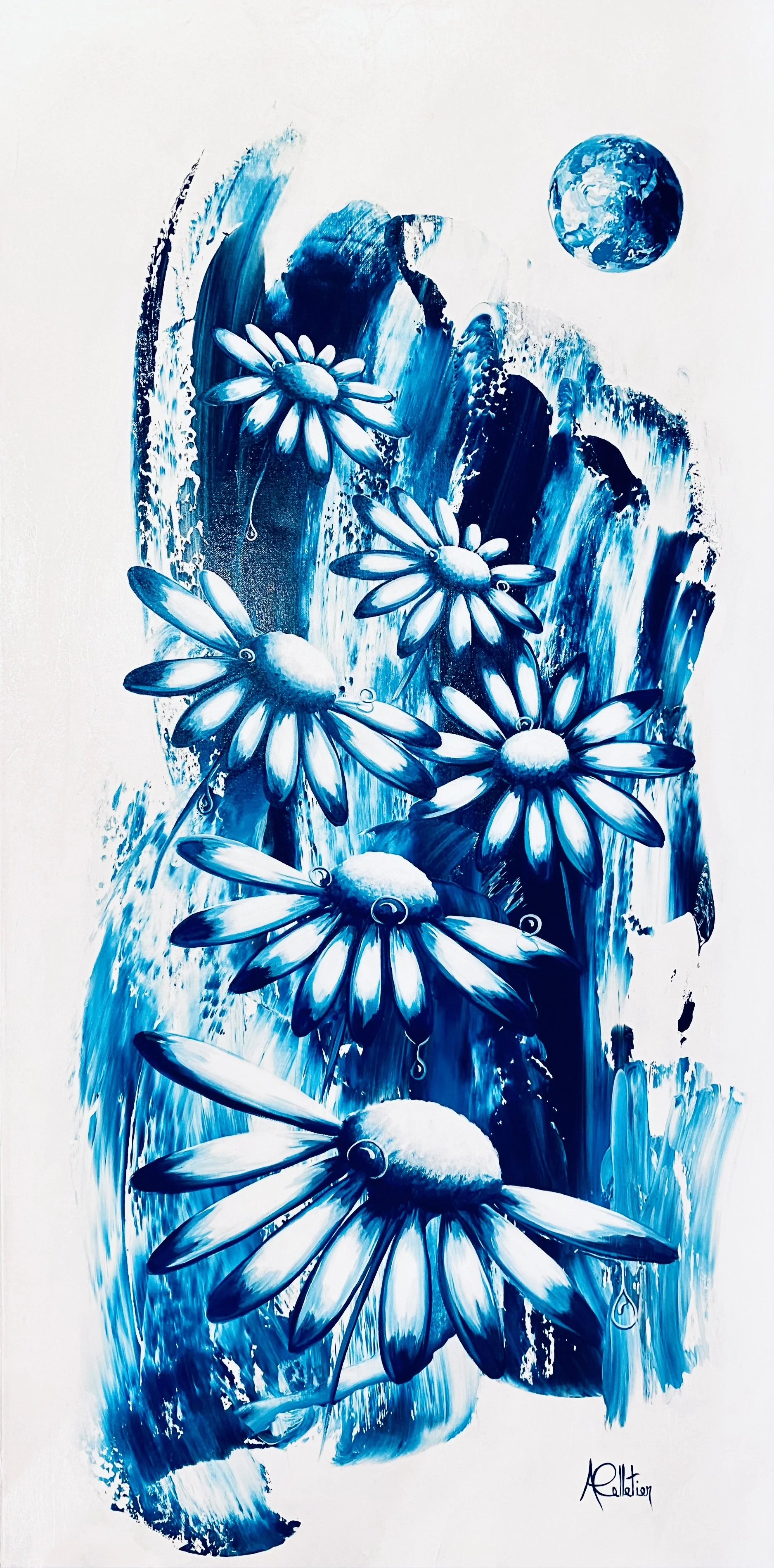 Peinture abstraite en tons de bleu, représentant des marguerites et la Terre en haut à droite.