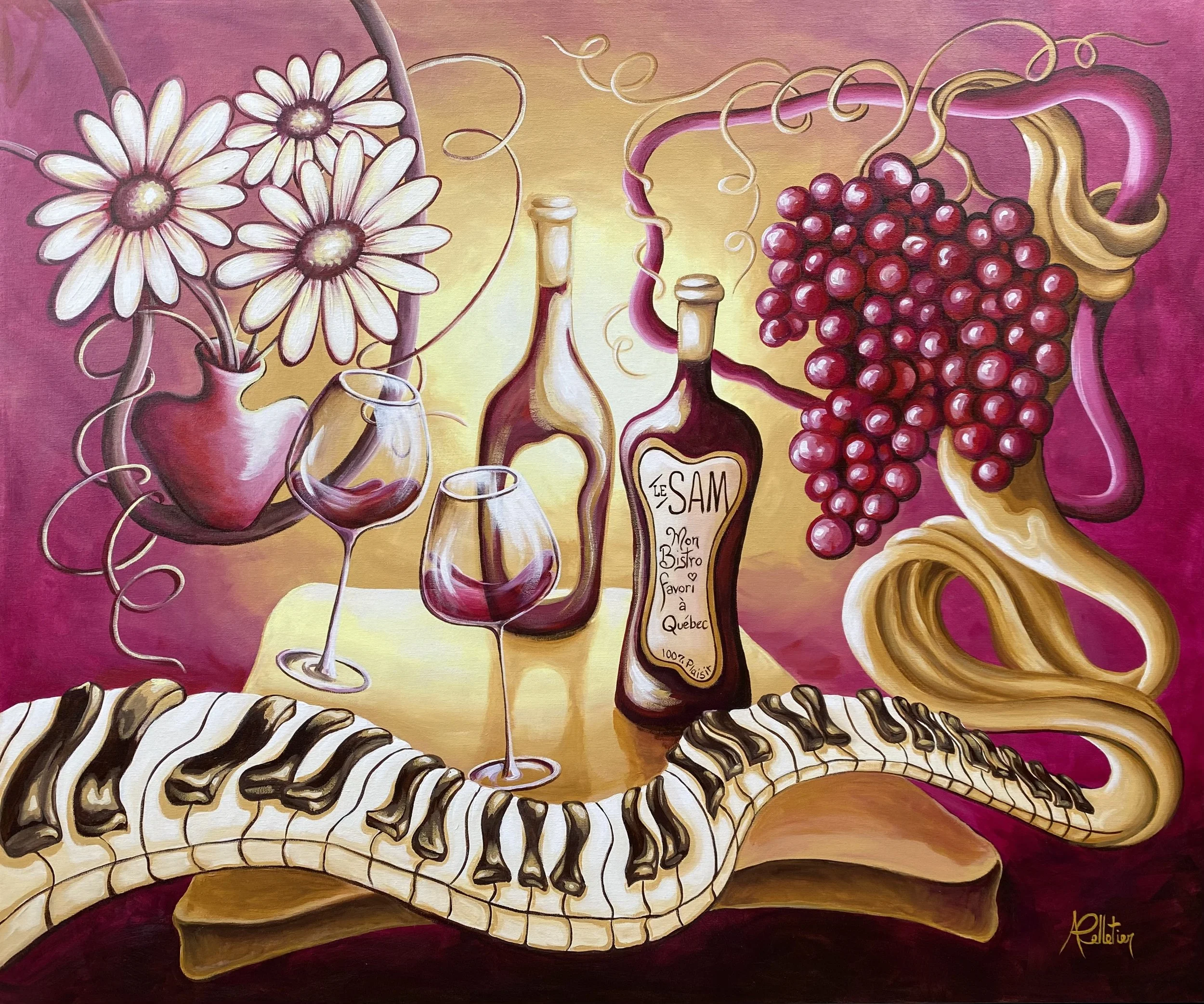 Une peinture colorée représentant un bouquet de marguerites dans un vase, deux verres de vin rouge, deux bouteilles de vin, un grappud de raisins rouges, une mandoline, et une bouteille avec une étiquette "Le SAM". Style artistique vif et chaleureux.