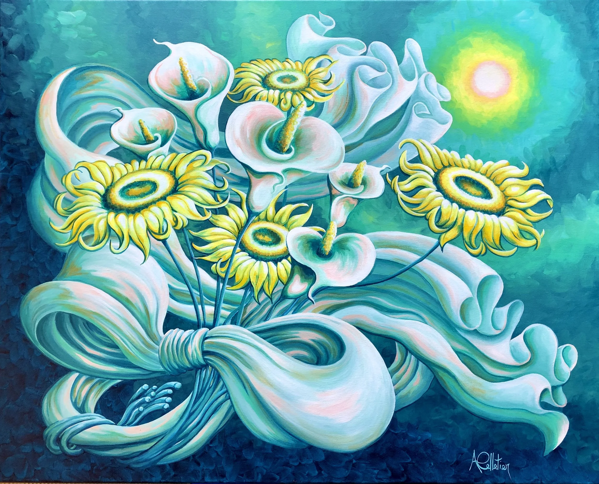 Peinture abstraite représentant un bouquet de fleurs avec des fleurs jaunes ressemblant à des tournesols et d'autres fleurs blanches, sur un fond bleu-vert avec un soleil brillant en haut à droite.