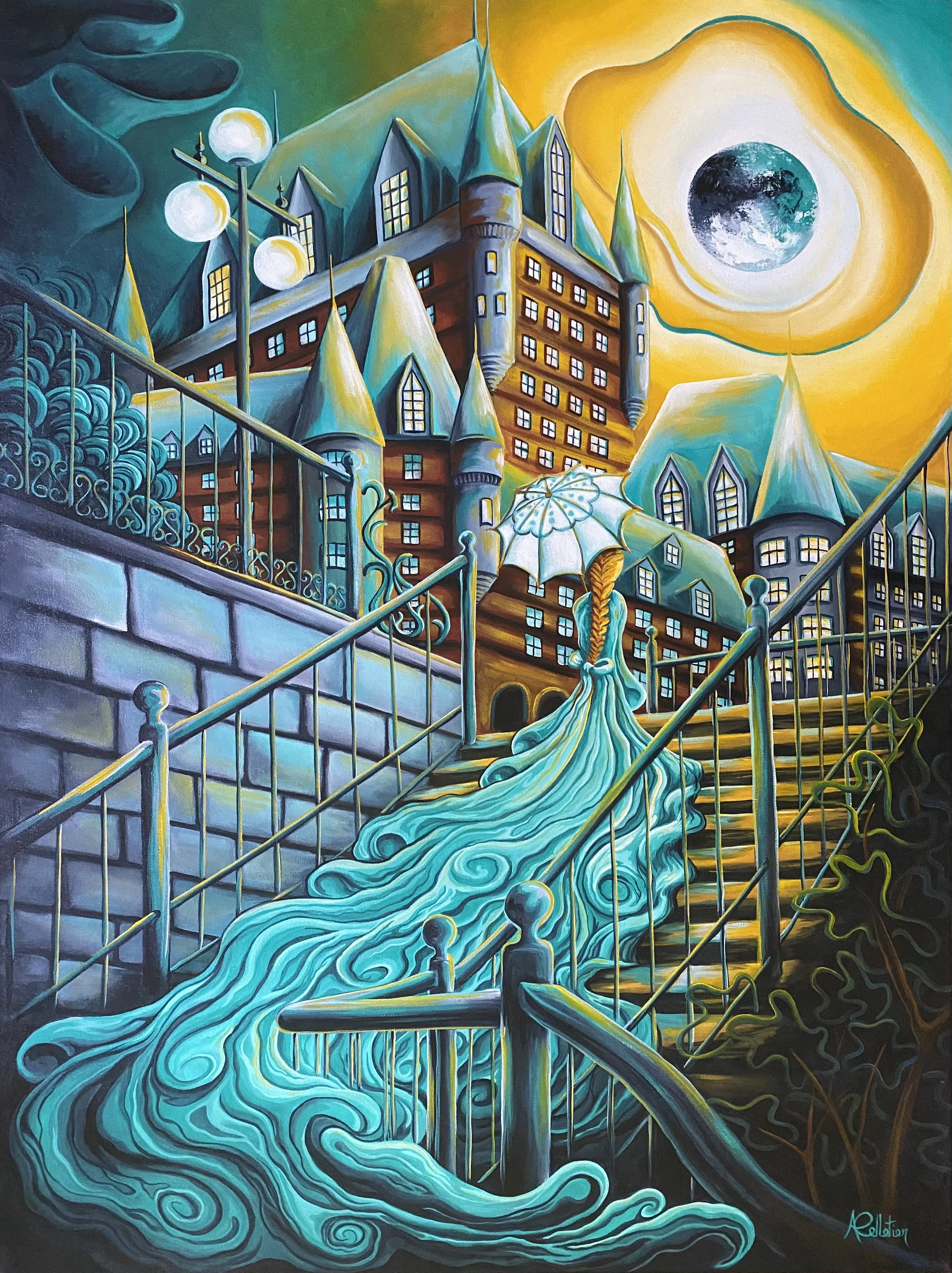 Peinture fantastique représentant un château avec un ciel nocturne, une pleine lune, et un escalier avec une aura magique. Une figure féminine en robe longue et un parasol blanc marche vers le château.