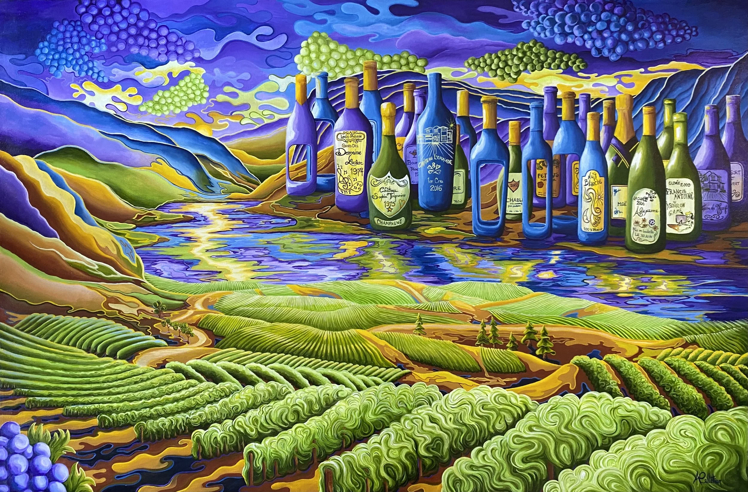 Une peinture colorée représentant un paysage de vignoble avec des bouteilles de vin en suspension et une rivière réfléchissante dans le fond, entouré de collines verdoyantes et de montagnes.