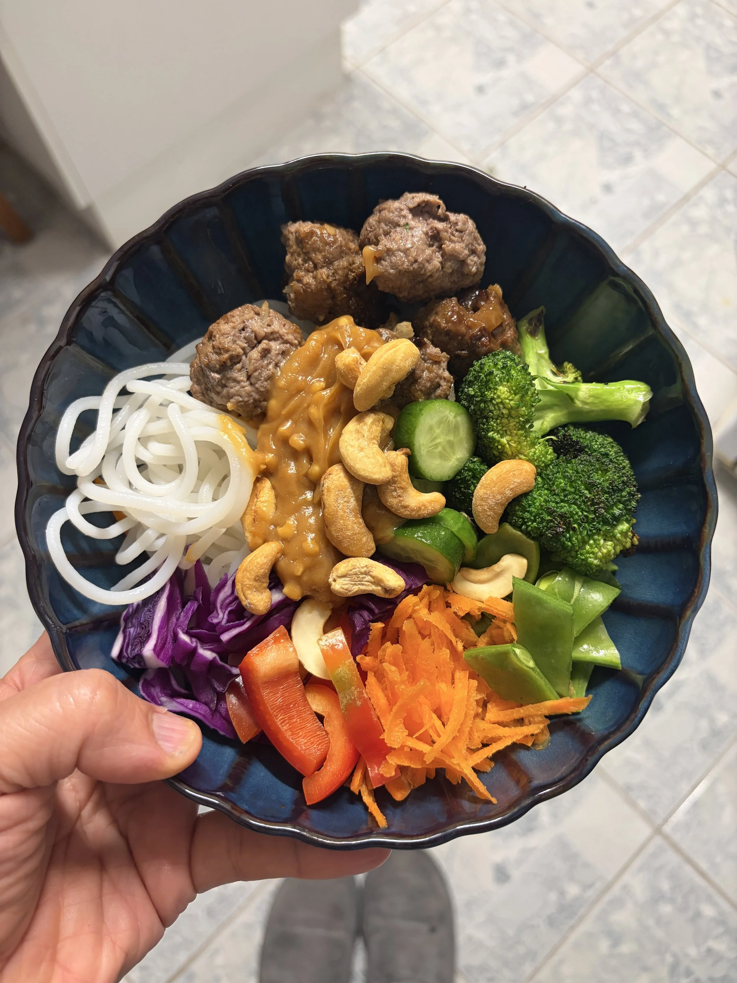 Rice Noodle Salad with Meatballs and Easy Satay Sauce