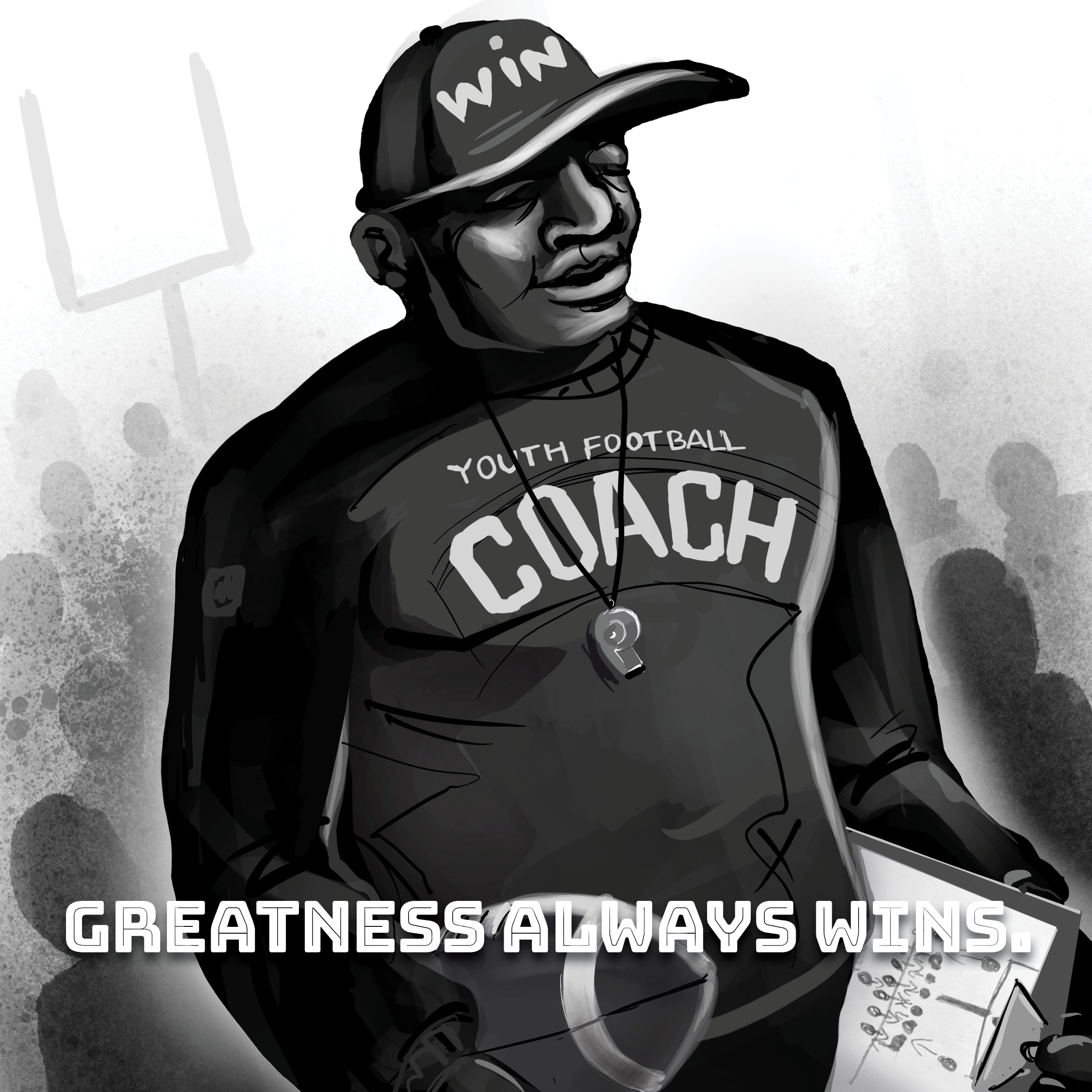 Illustration of a youth football coach wearing a cap and holding a clipboard, with text "Greatness Always Wins."