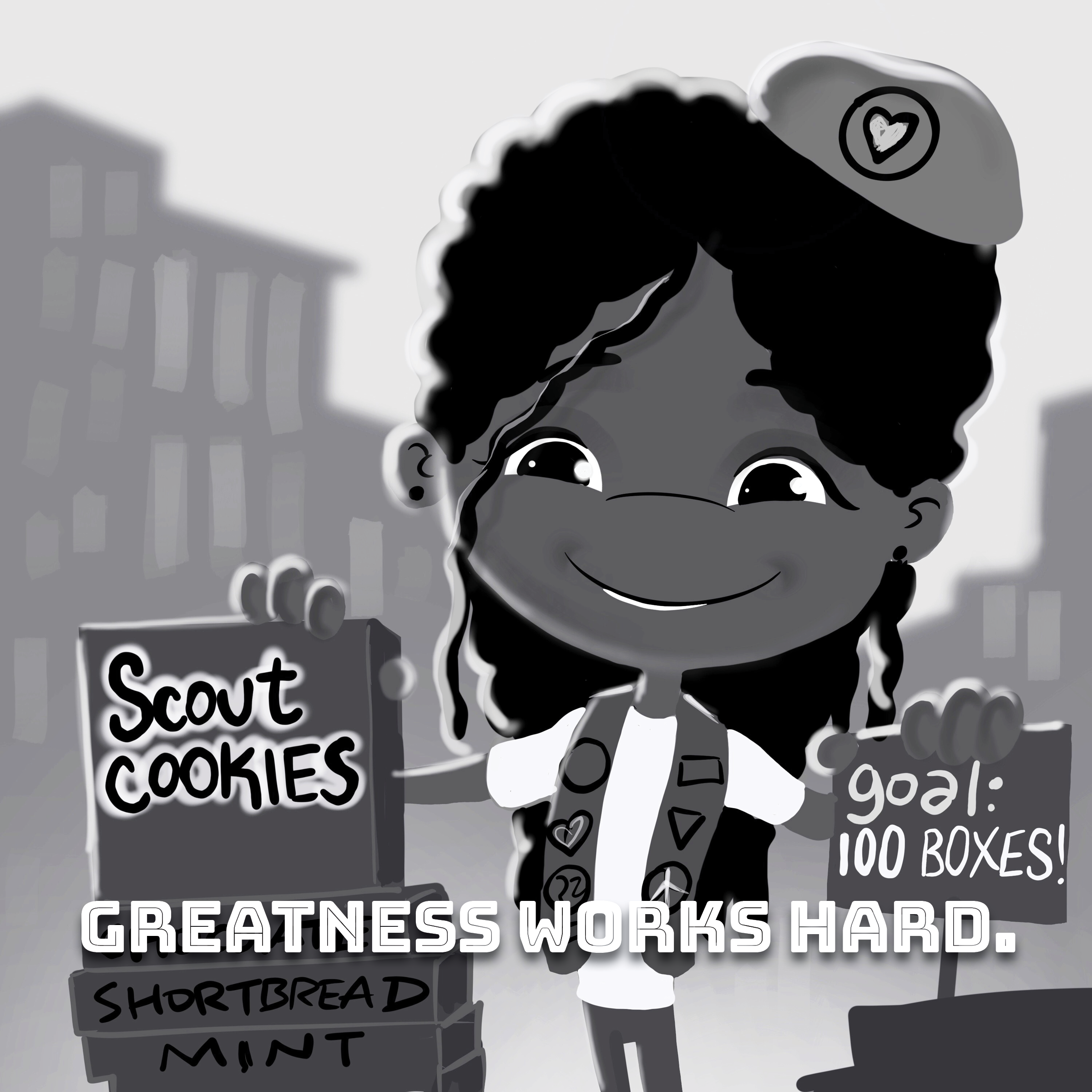 Cartoon character selling scout cookies with a goal of 100 boxes. Text reads: 'Greatness works hard.'