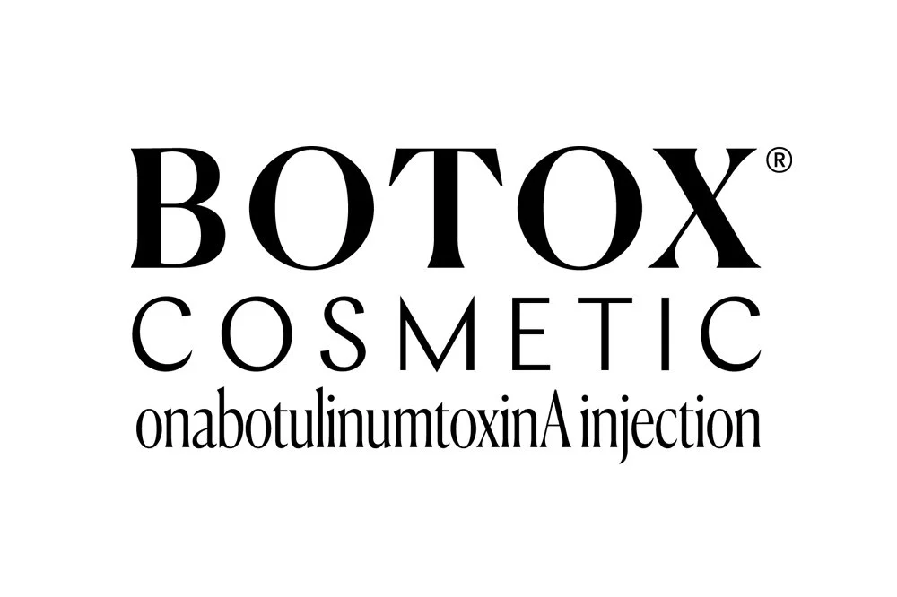 Black and white logo for Botox Cosmetic with the text 'onabotulinumtoxinA injection' underneath.