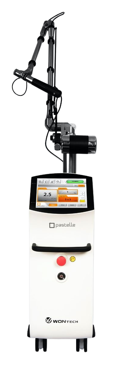 Medical laser device with a touchscreen display, control buttons, and a flexible arm for laser treatment.