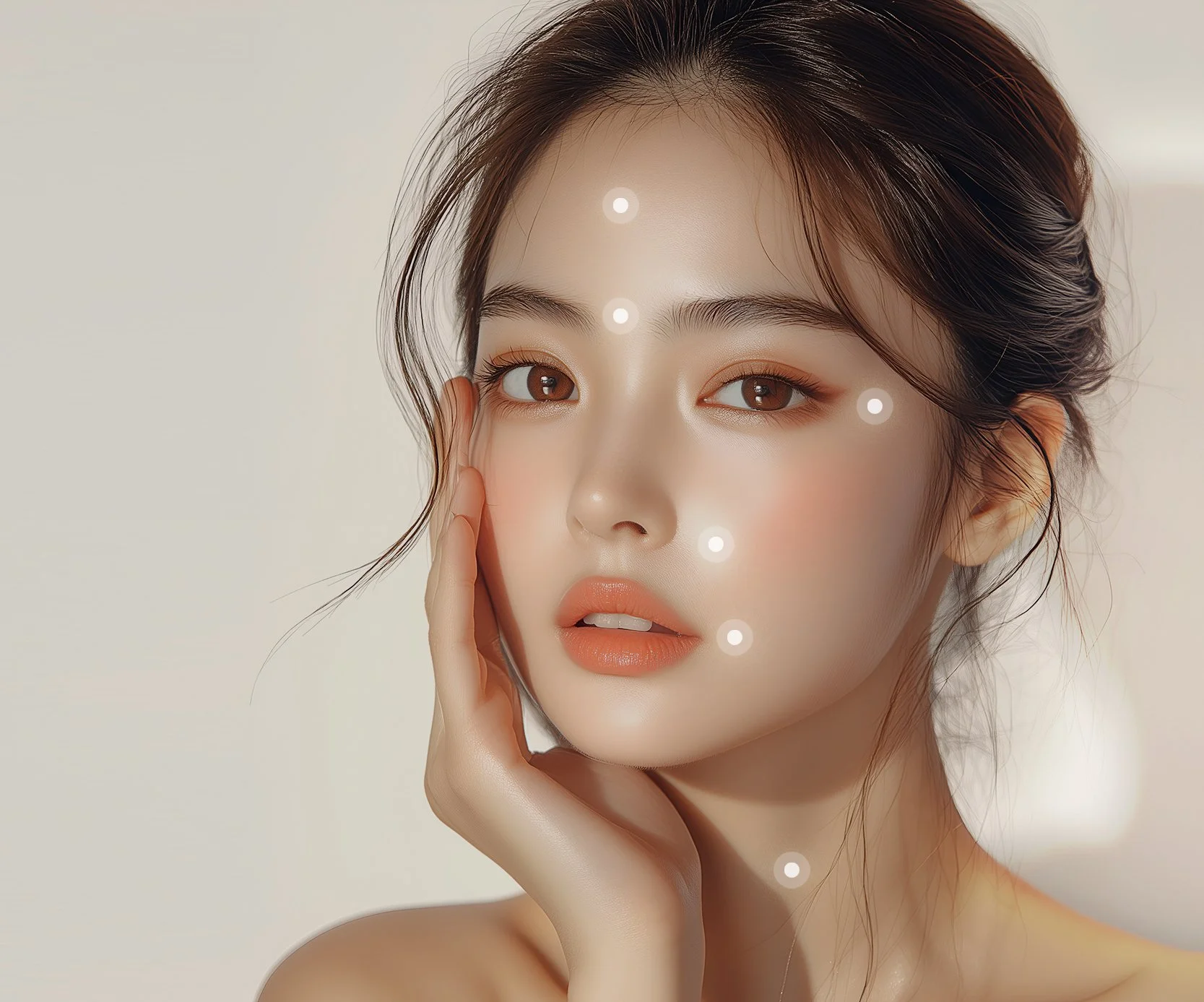 Close-up of a woman with flawless skin, lightly touching her face, with white points indicating facial skincare or beauty analysis.