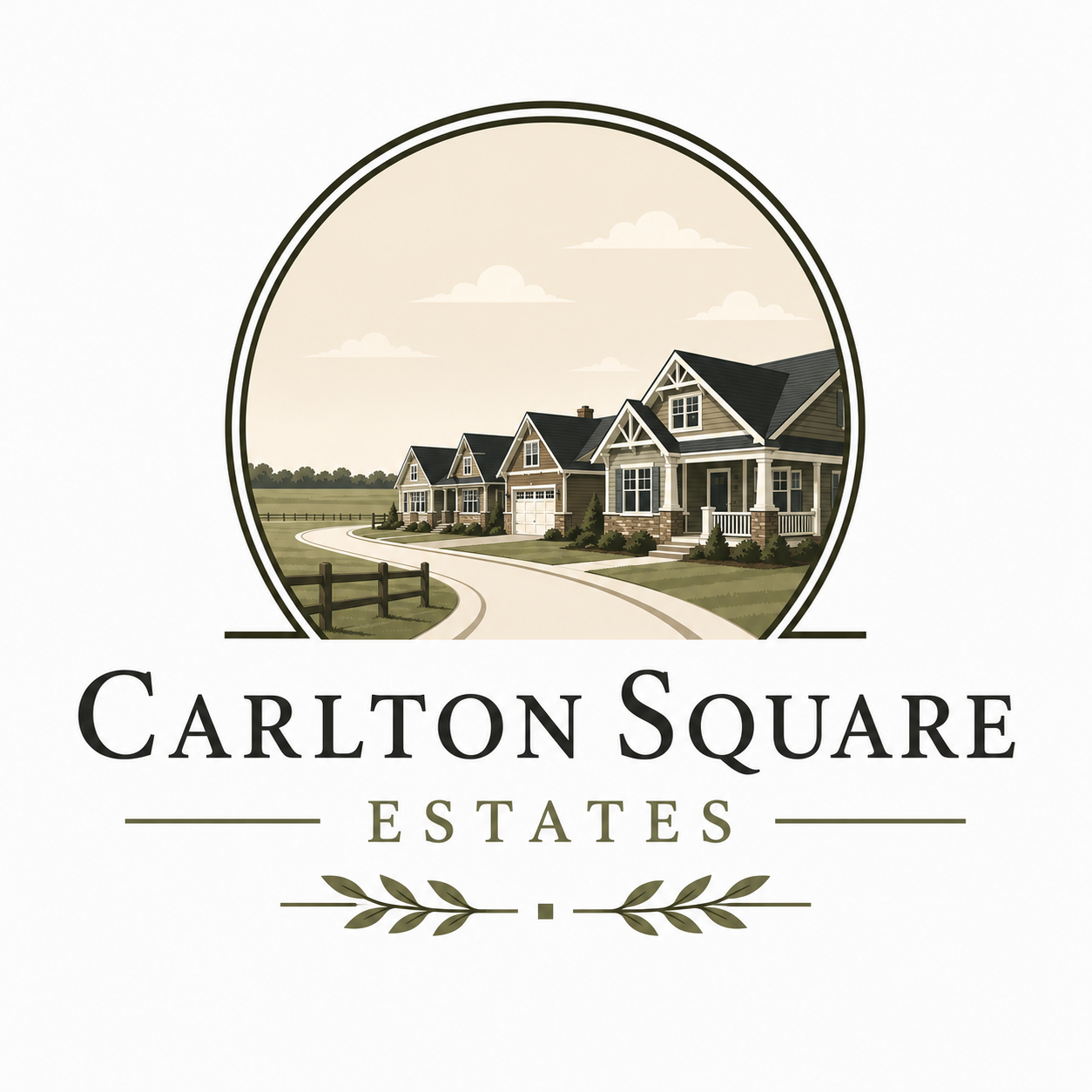 Carlton Square Estates logo featuring Craftsman homes along a quiet country road with surrounding farmland.