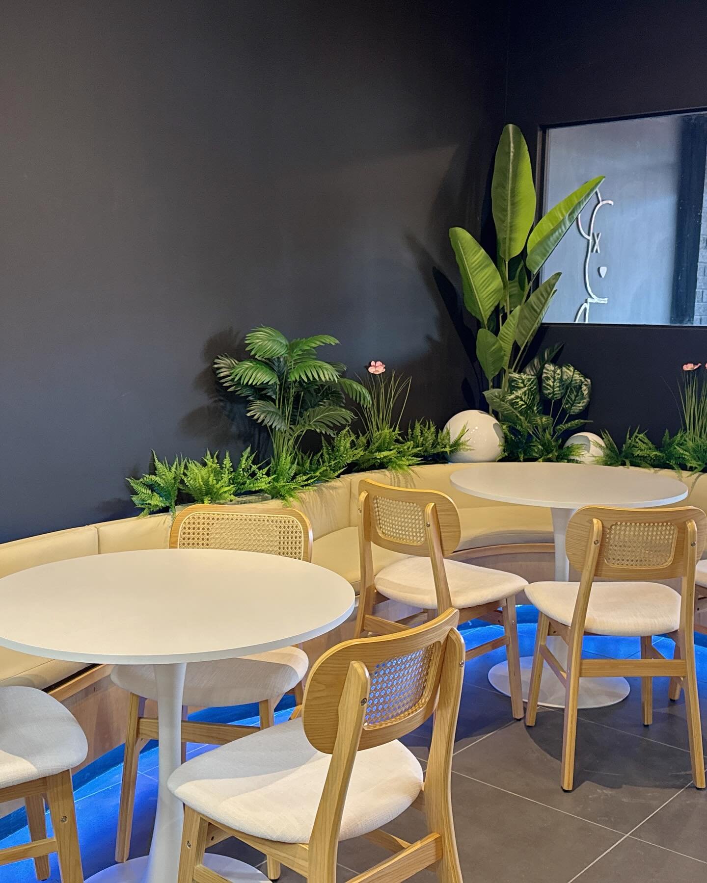 Modern cafe interior with white tables, wooden chairs, and green plants