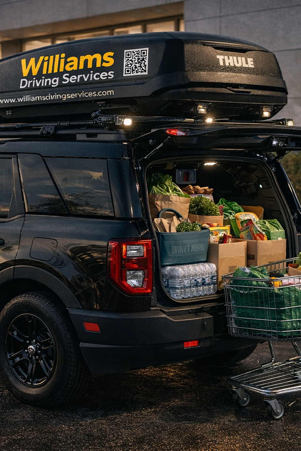 Rear view of a black SUV with an open trunk filled with grocery bags, bottled water, and a shopping cart nearby, parked outside a building at dusk.
