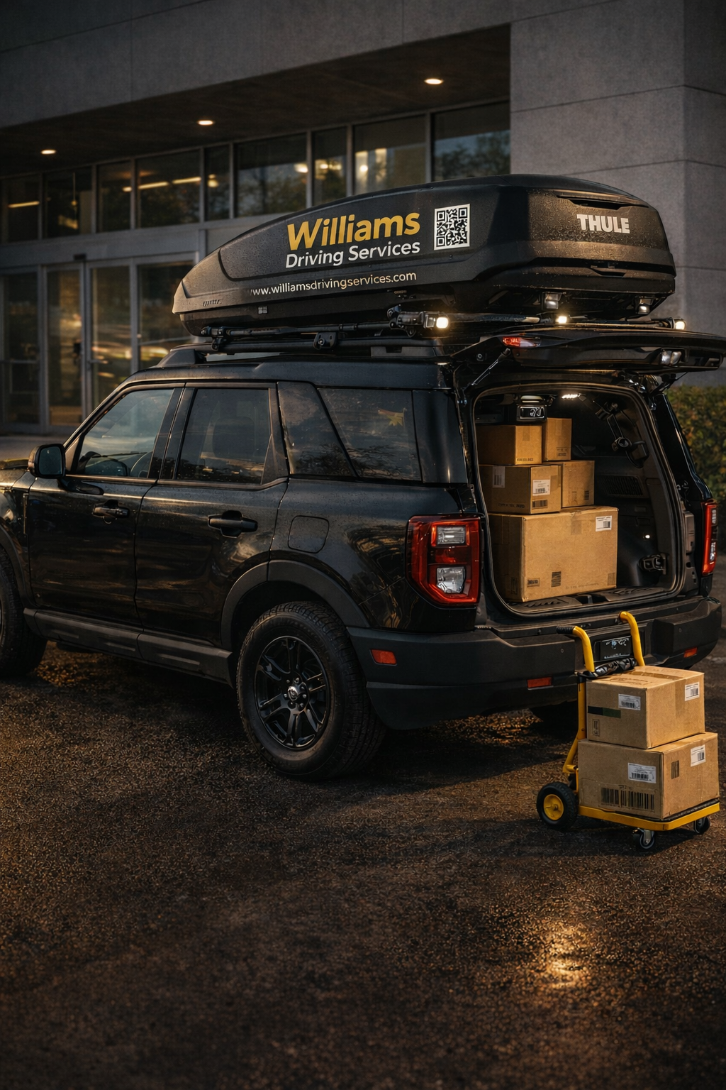 Black SUV with open trunk filled with cardboard boxes, parked outside a building during evening, with a yellow hand truck holding additional boxes nearby. The SUV has a rooftop cargo box with the label 'Williams Driving Services' and the website 'williamsdrivingservices.com'.