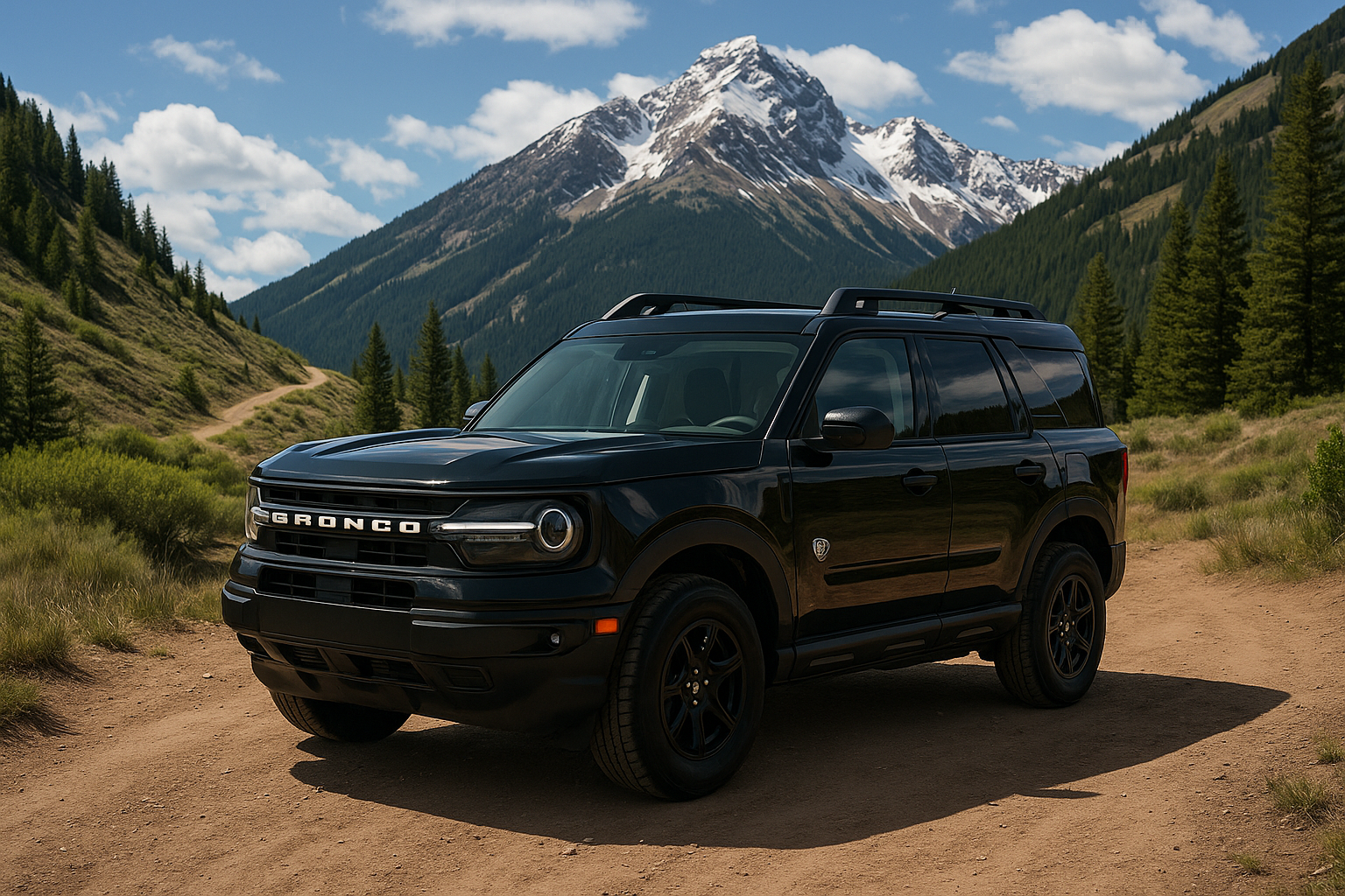 Black SUV parked on a dirt trail in a mountainous landscape with snow-capped peaks, green forests, and a partly cloudy sky.