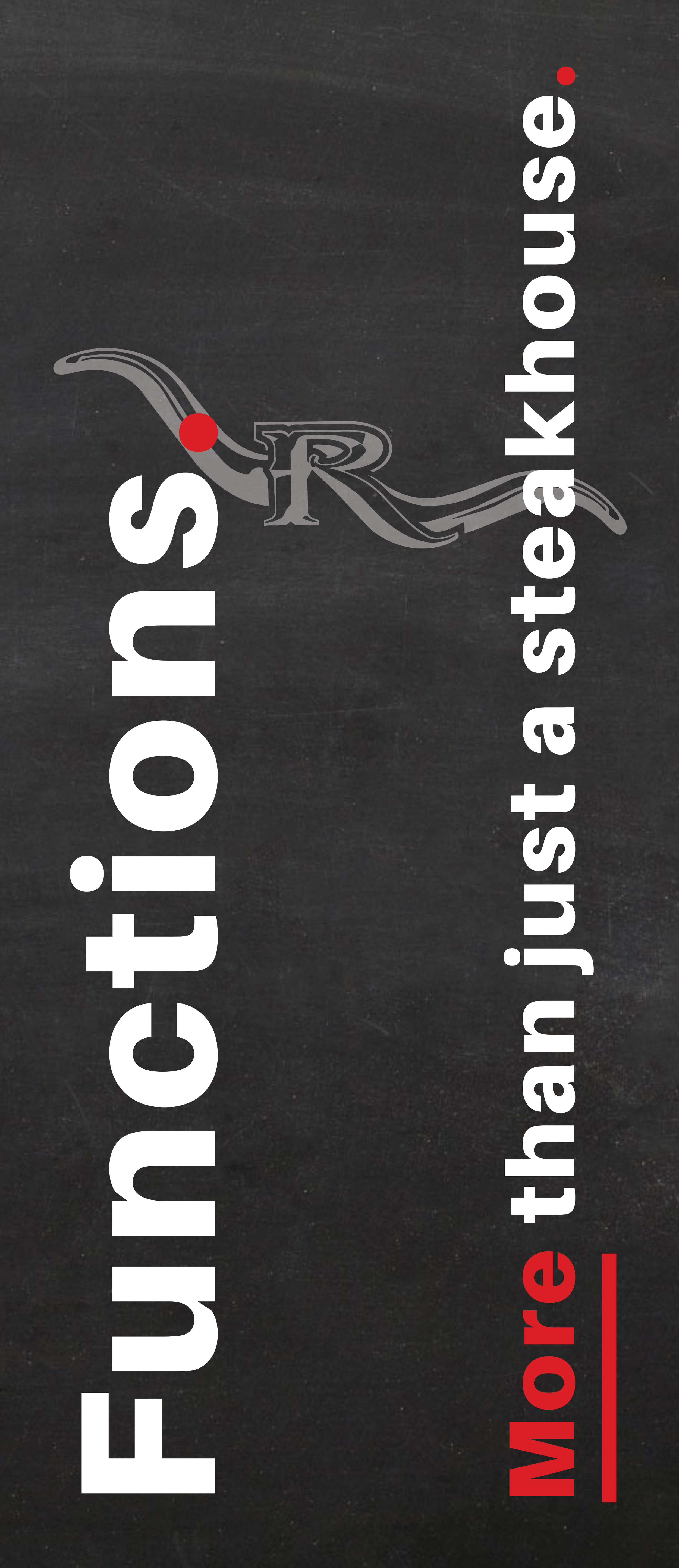 A blackboard background with the Rustlers logo featuring a stylized 'R', and the words 'Functions' in large white letters, 'More' in red, and 'than just a steakhouse.' written vertically in white.