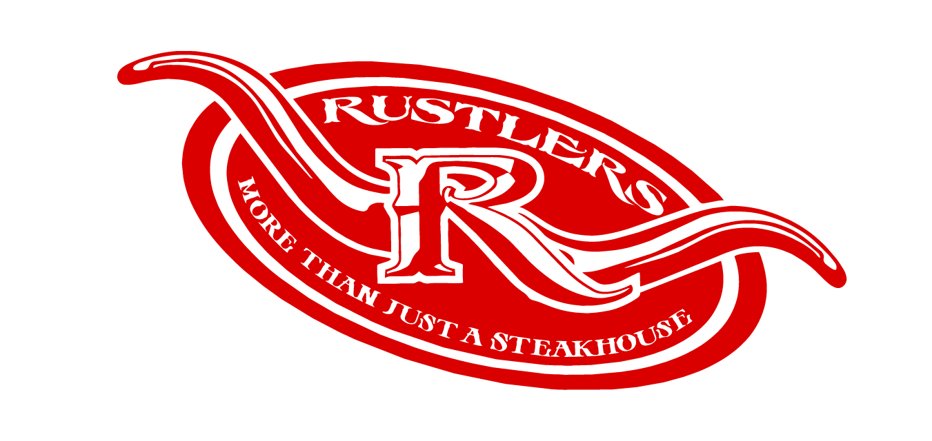 Rustlers Logo in red with an oval border, white text reading "RUSTLERS," black text "MORE THAN JUST A STEAKHOUSE" inside the border.