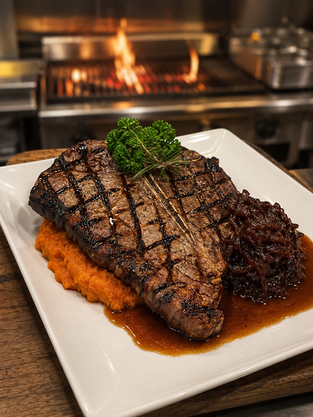 A plate of grilled steak topped with a dark sauce, served over mashed potatoes with a sprig of rosemary and green garnish.