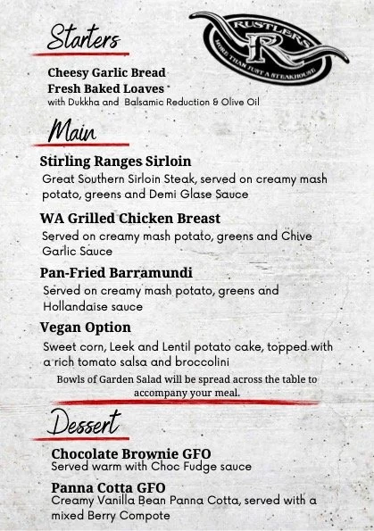 Menu with starters, main dishes, and desserts from Rustlers restaurant, including garlic bread, sirloin, chicken breast, vegetarian options, and desserts like chocolate brownie and panna cotta.