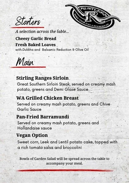 Restaurant menu with sections for Starters and Main courses, including dishes like Cheesy Garlic Bread, Fresh Baked Loaves, Stirling Ranges Sirloin, WA Grilled Chicken Breast, Pan-Fried Barramundi, and Vegan Option. The menu features descriptions and a note about salads.