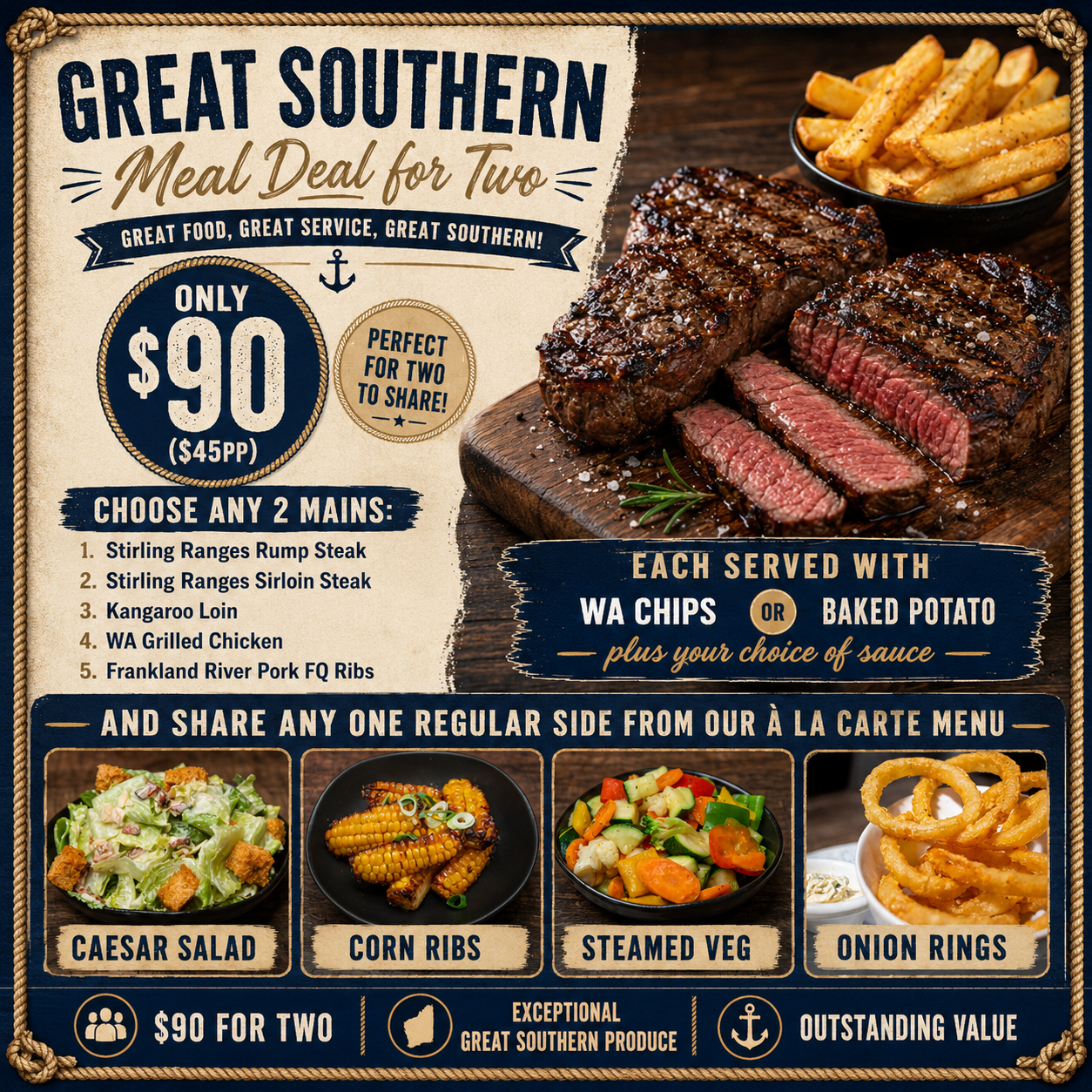 A close-up of a juicy grilled steak with grill marks being cooked on a barbecue grill with flames. The text overlay reads: 'IT'S BACK MEAL DEAL FOR 2. Not valid with any other offers or specials.'