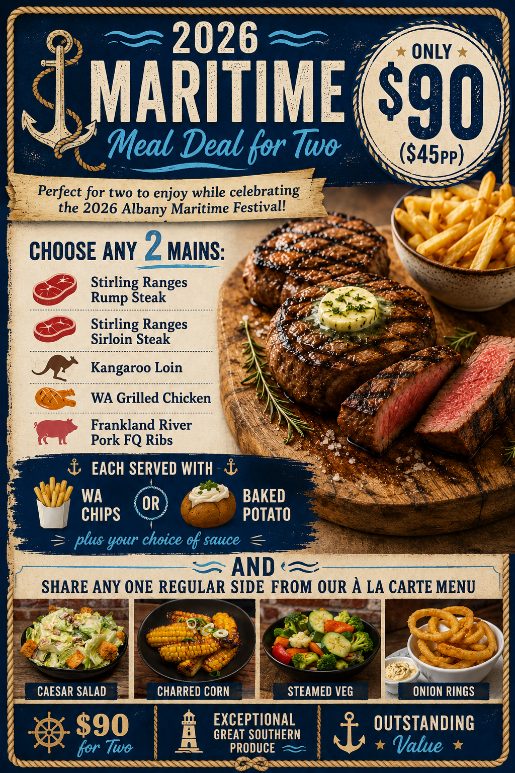 A close-up of a juicy grilled steak with grill marks being cooked on a barbecue grill with flames. The text overlay reads: 'IT'S BACK MEAL DEAL FOR 2. Not valid with any other offers or specials.'