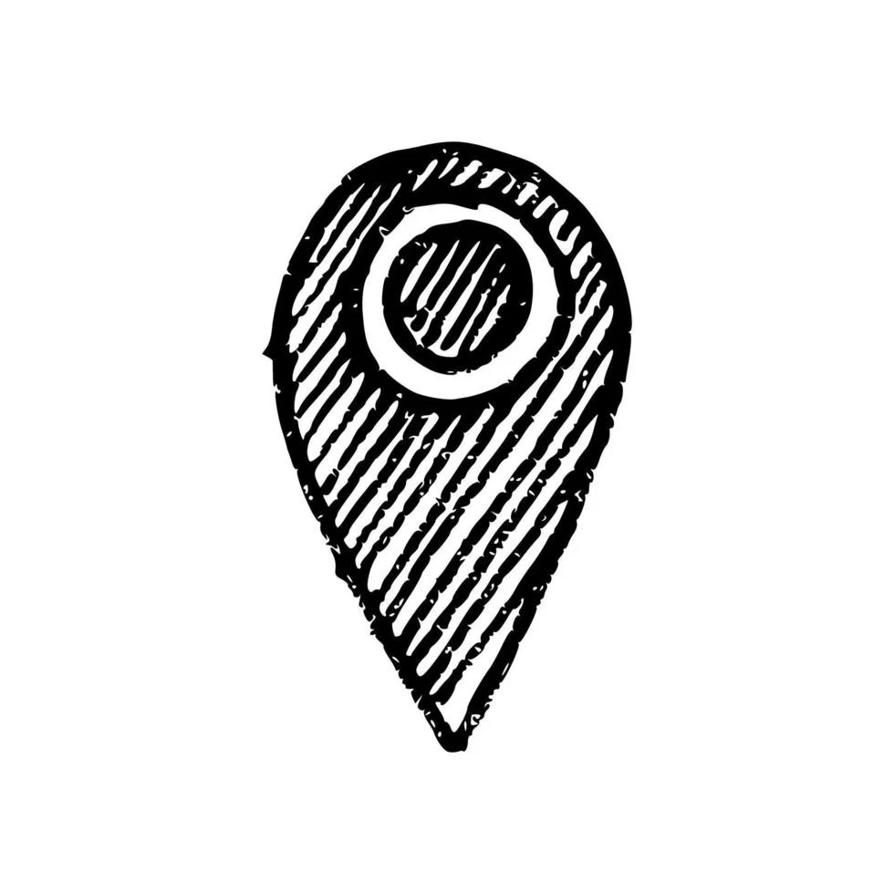A black and white sketch of a map location pin with a fingerprint pattern inside