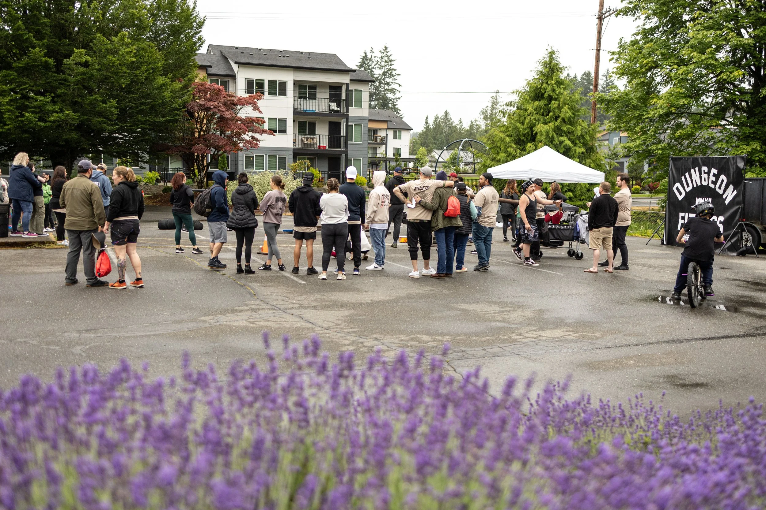 A group of people queuing outdoors in a parking lot near a white tent, with some engaging in conversation, surrounded by trees and apartment buildings, with purple flowers in the foreground.
