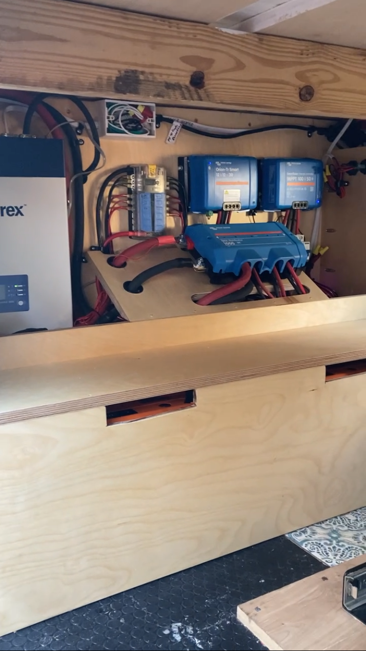 Built the angled shelf over the wheel well for the Victron Lynx Distributer in order to create more room on the shelf over the batteries