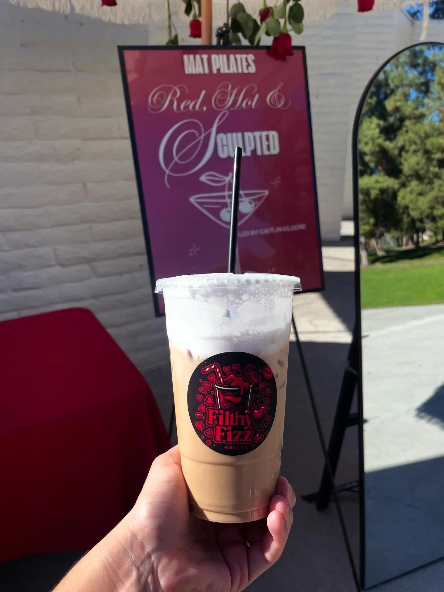 Serving up something red, hot &amp; sculpted, but make it caffeinated 🍒☕️✨ #FilthyFizz #CherryVibes #PilatesPopUp #dirtysodas #alaninu #smallbuisness #inlandempire #ranchocucamonga