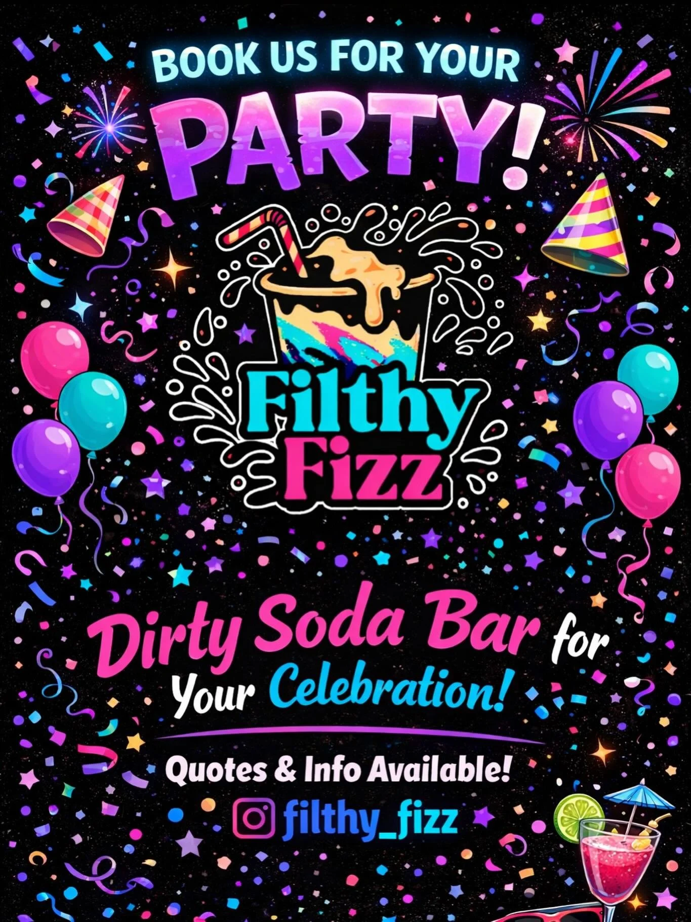 Any party. Any vibe. We bring the fizz. 🥤🎉
Weddings, birthdays, grad parties, corporate events, you name it.
Let Filthy Fizz be the highlight of your celebration ✨
DM us to book! 🫧

#inlandempire #party #wedding #vendor #dirtysoda