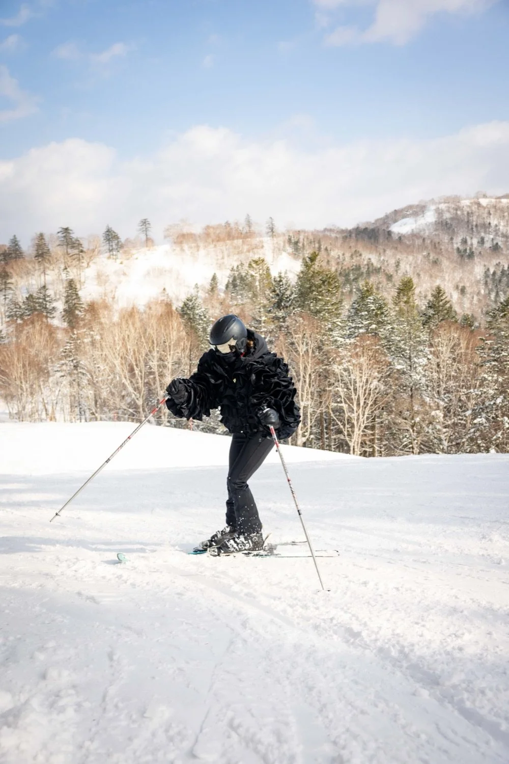 Person skiing on snow with a snowy mountain and trees in the background.