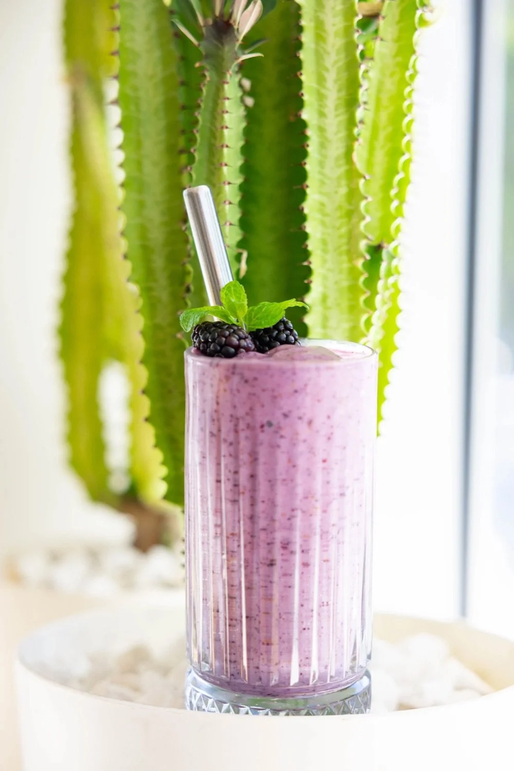 A pink berry smoothie in a tall glass garnished with blackberries and mint, with a metal straw, against a backdrop of a large green cactus plant.
