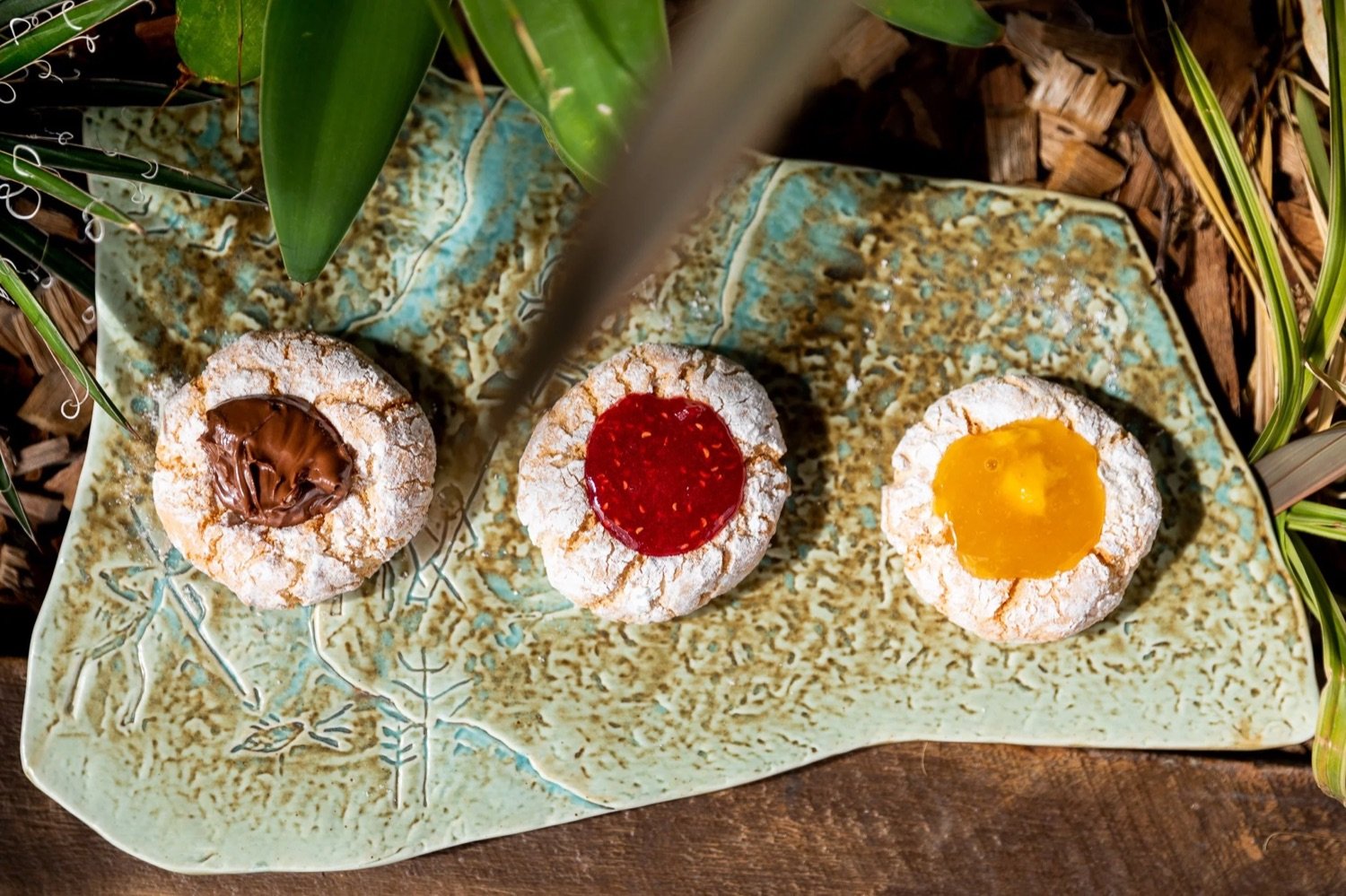 Three cookies with powdered sugar and different colored jelly toppings (chocolate, raspberry, and lemon) on a decorative ceramic plate with leafy design, placed on a wooden surface surrounded by greenery.