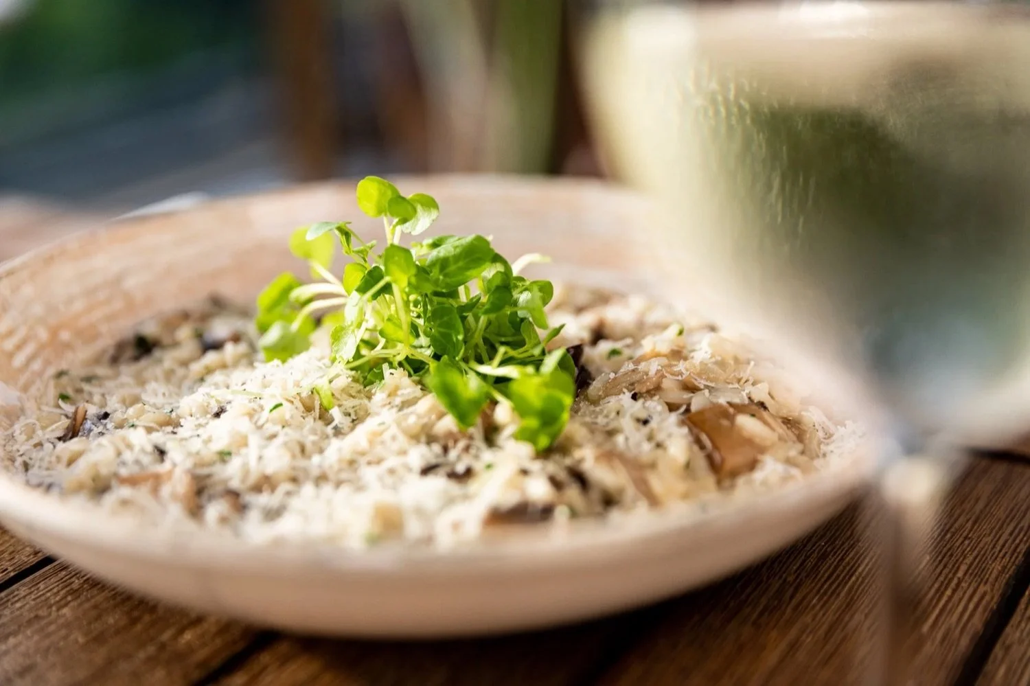 Fresh green microgreens on a bed of shredded cheese and nuts in a shallow wooden bowl.