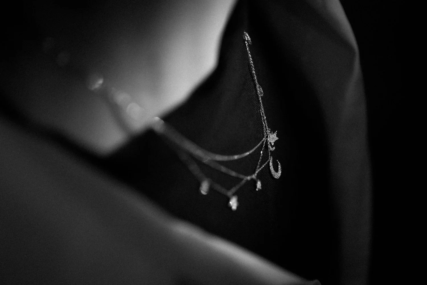 Close-up of a necklace with dangling charms on a dark fabric background.