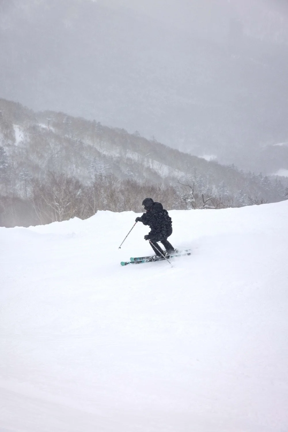 A skier dressed in black is skiing down a snowy slope during snowfall in a mountainous area with snow-covered trees in the background.
