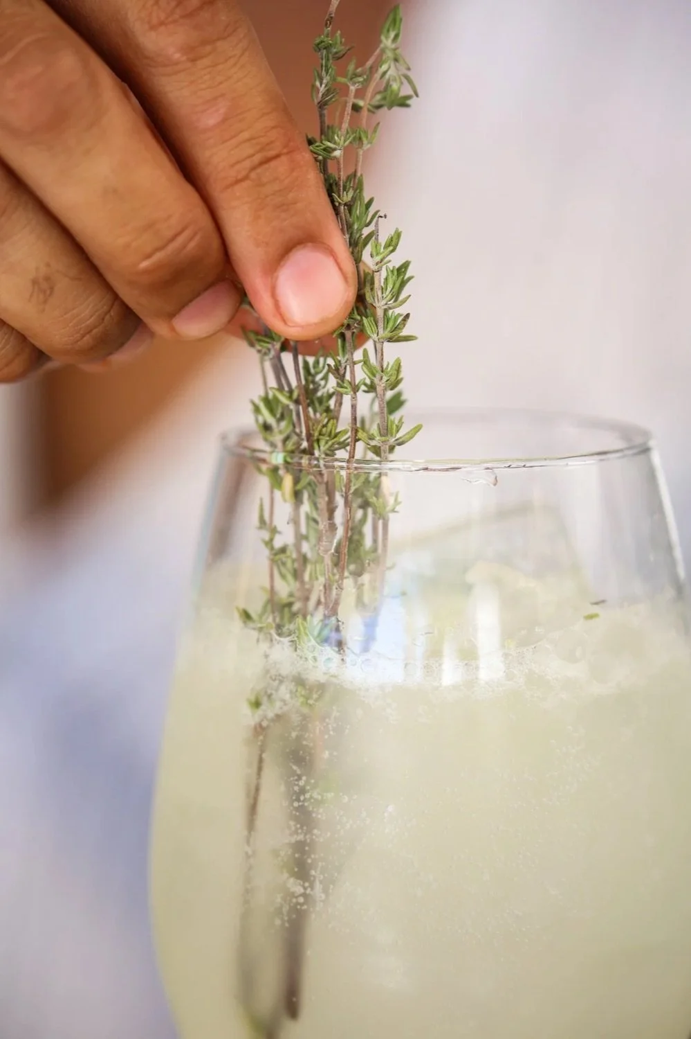 Person planting fresh thyme sprigs into a glass of white wine.